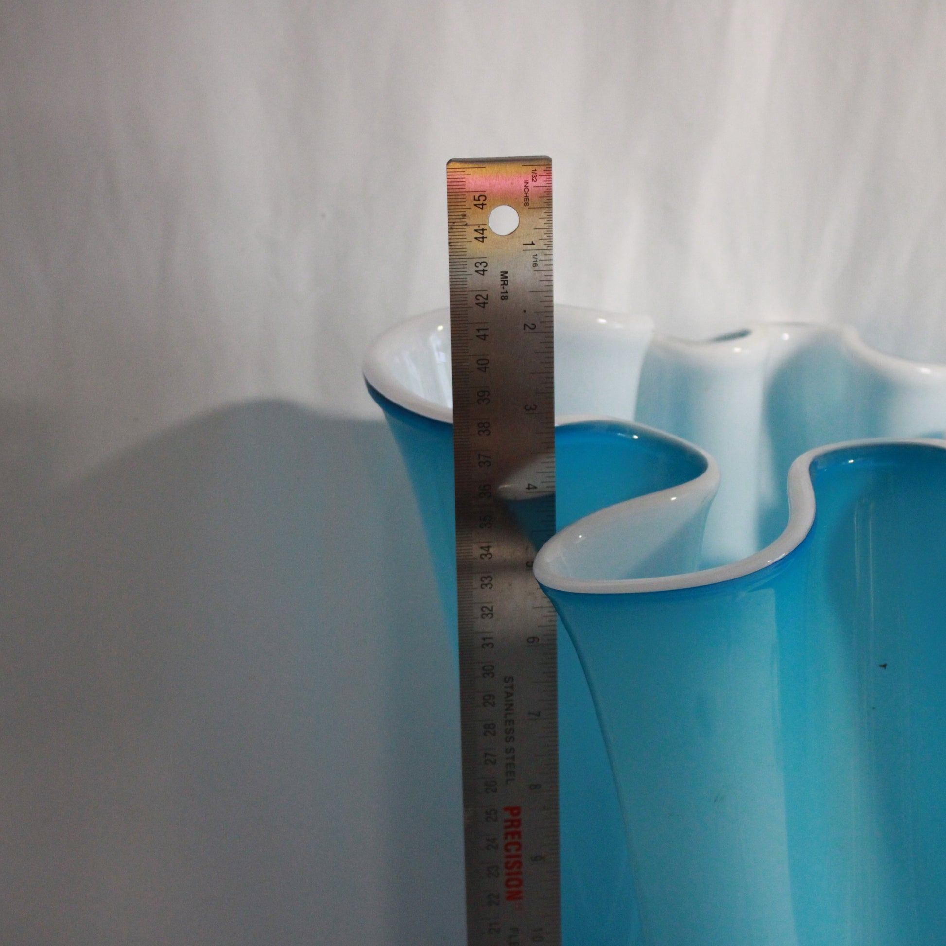 Vibrant Turquoise & White Hand-Blown Polish Glass Ruffled Handkerchief Vase