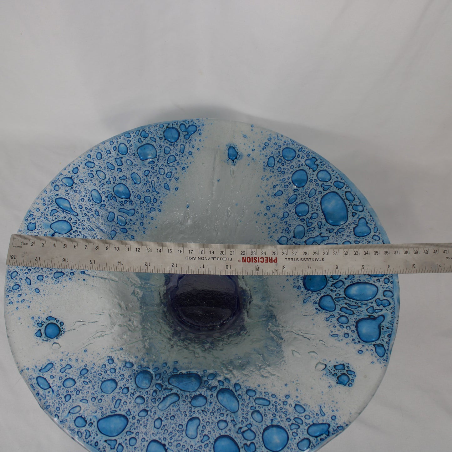 Modern Blue Water Drop Textured Fused Glass Pedestal Bowl Statement Piece