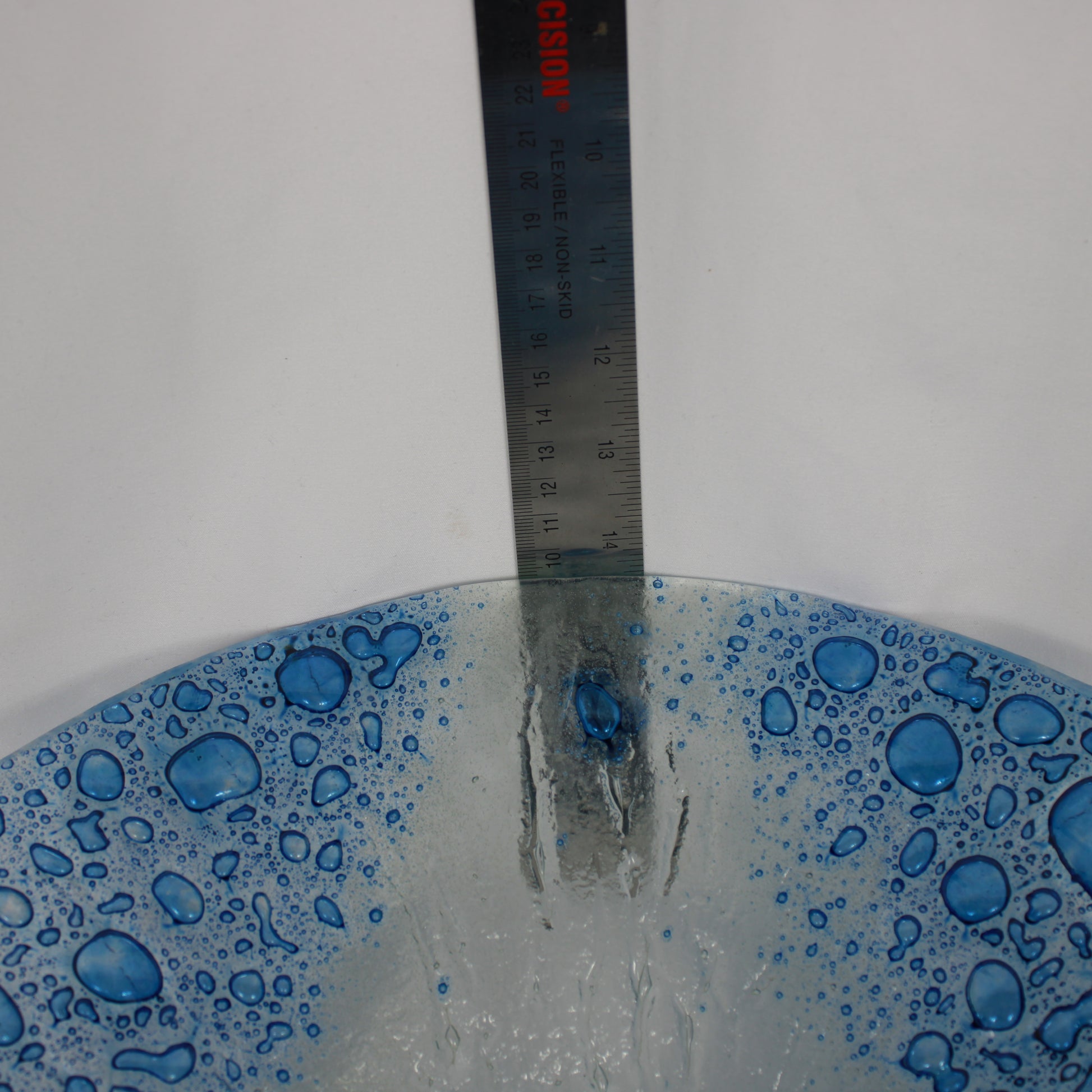 Modern Blue Water Drop Textured Fused Glass Pedestal Bowl Statement Piece
