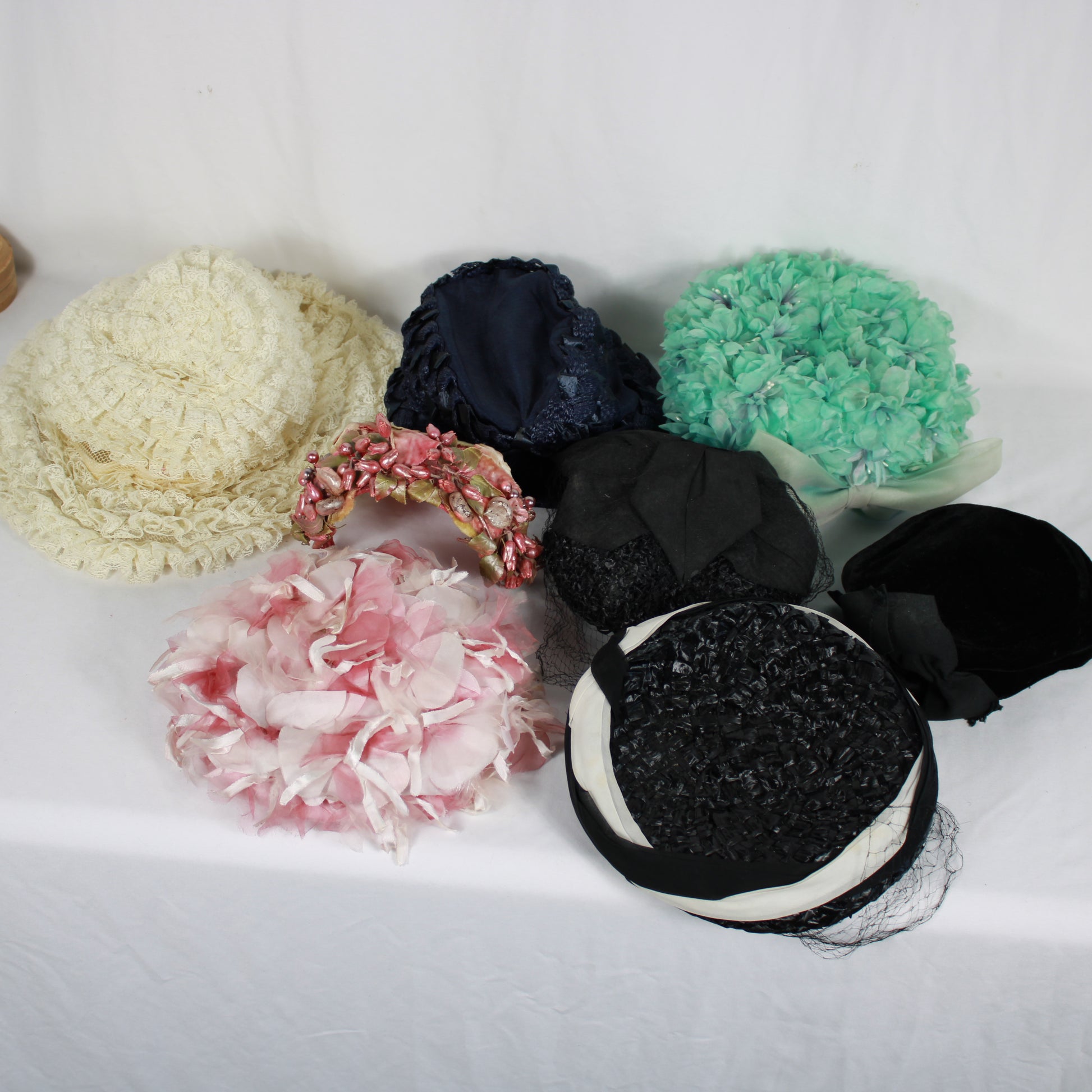 1950s-1960s Women's Millinery Hat Lot - Set of 8 - Floral, Lace, Pillbox & Fascinator Styles