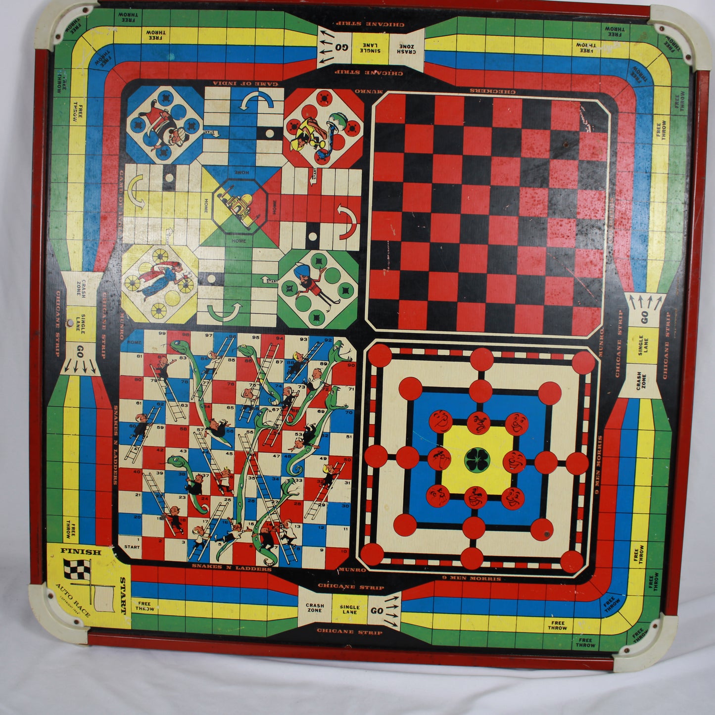 Munro 2-in-1 Wooden Game Board: Crokinole, Snakes, Ladders & More