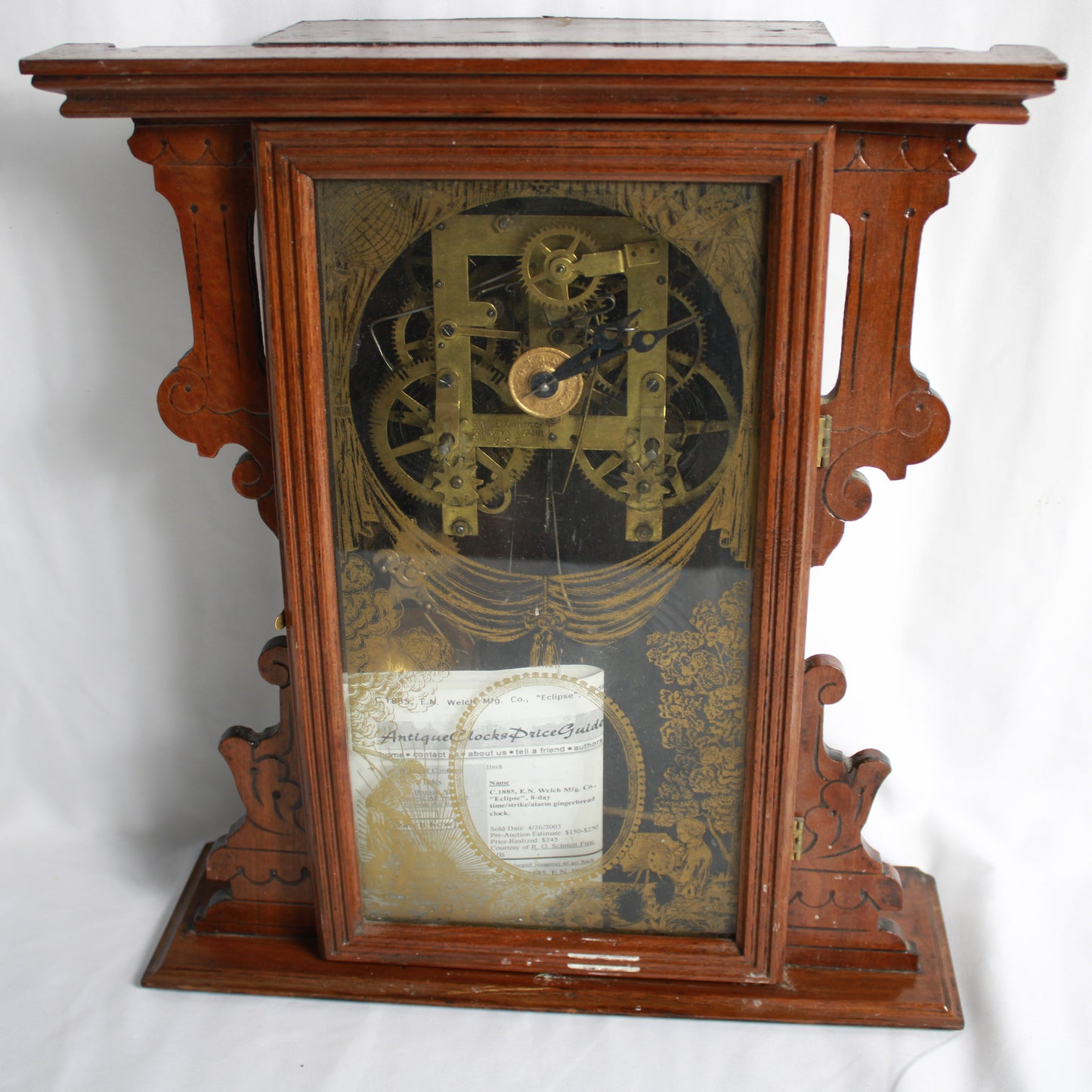 Antique C.1885 E.N. Welch "Eclipse" 8-Day Gingerbread Parlor Clock with Key & Pendulum