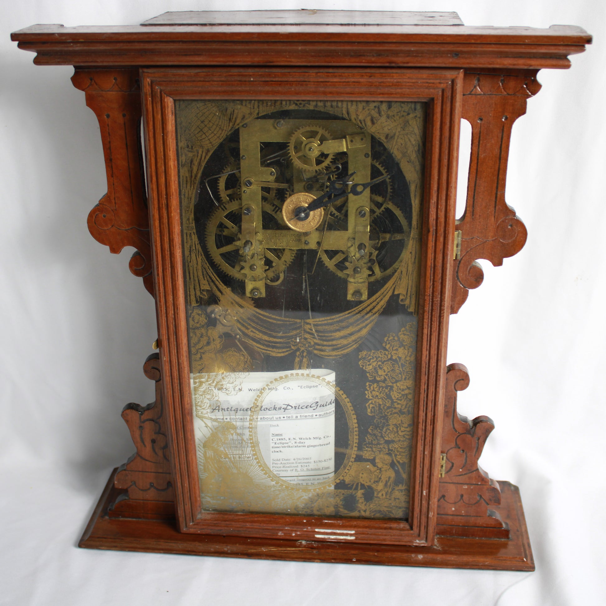 Antique C.1885 E.N. Welch "Eclipse" 8-Day Gingerbread Parlor Clock with Key & Pendulum