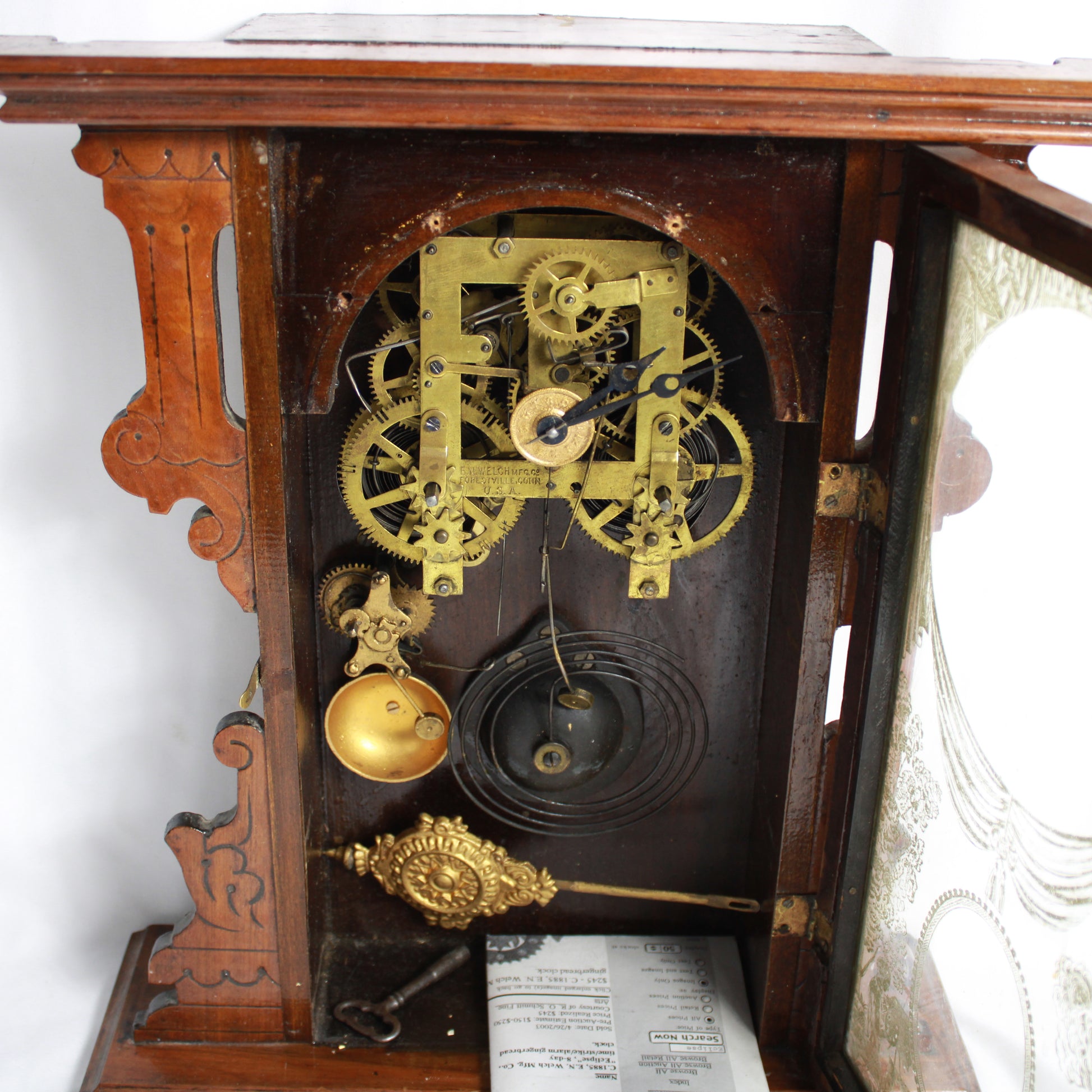 Antique C.1885 E.N. Welch "Eclipse" 8-Day Gingerbread Parlor Clock with Key & Pendulum