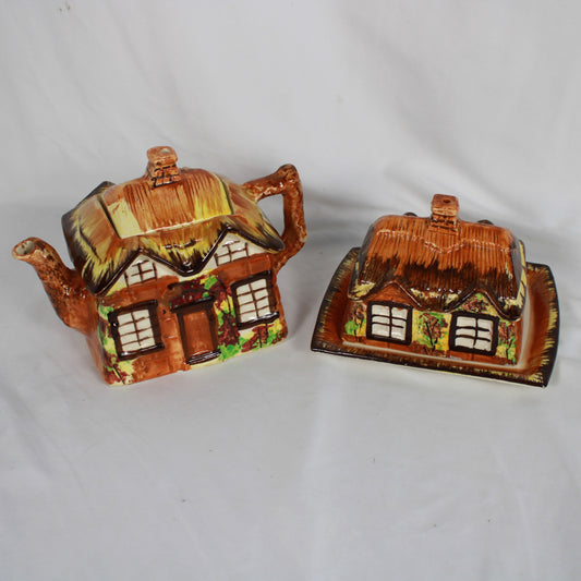 Vintage Price Bros Ye Olde Cottage Ware Teapot and Covered Butter Dish Set - Made in England