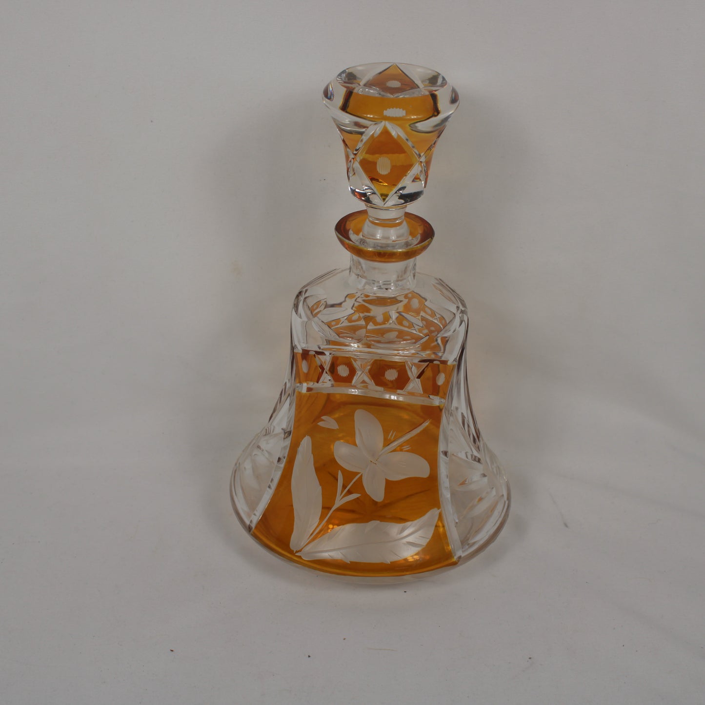 Vintage Amber Cut-to-Clear Crystal Decanter with Etched Floral Detail