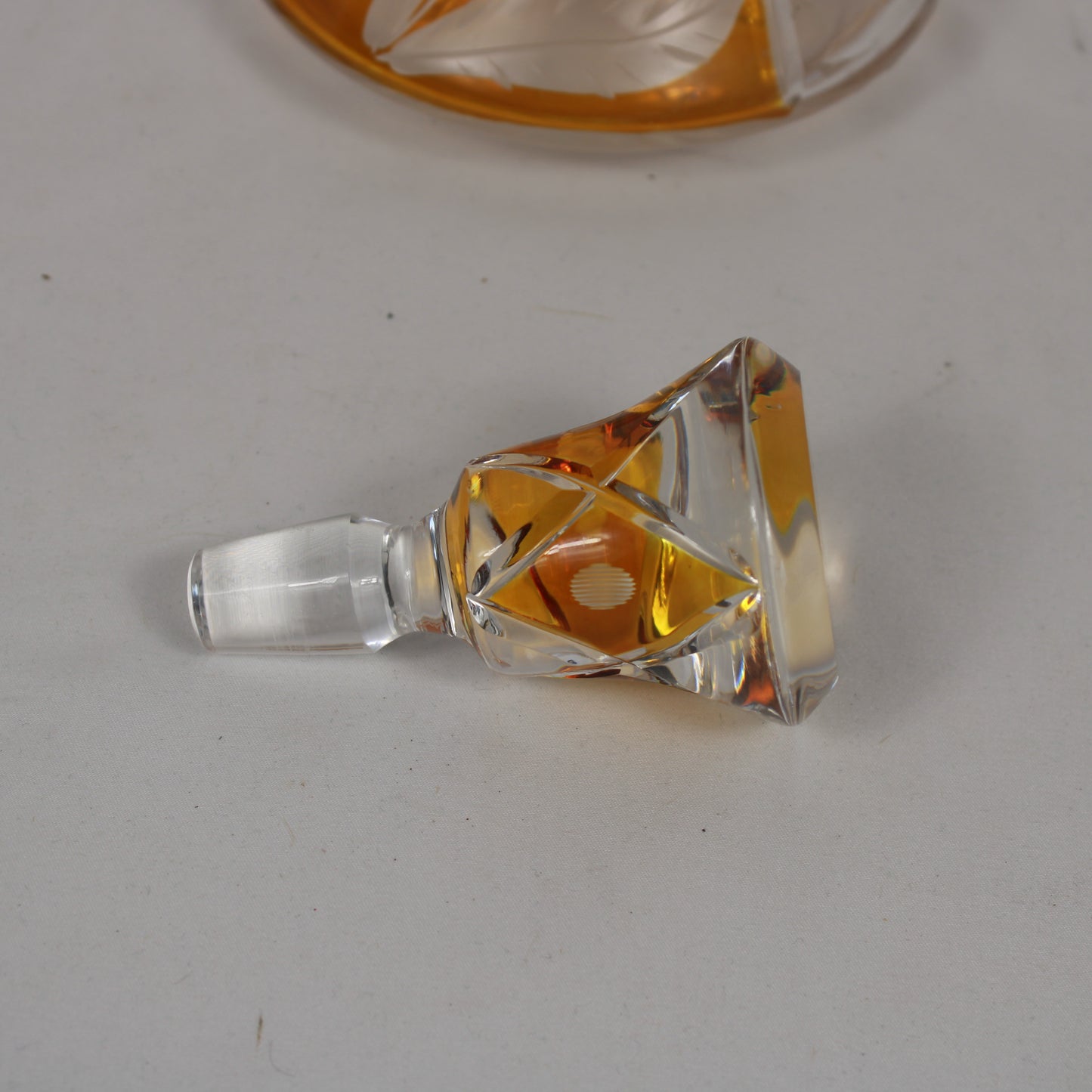 Vintage Amber Cut-to-Clear Crystal Decanter with Etched Floral Detail