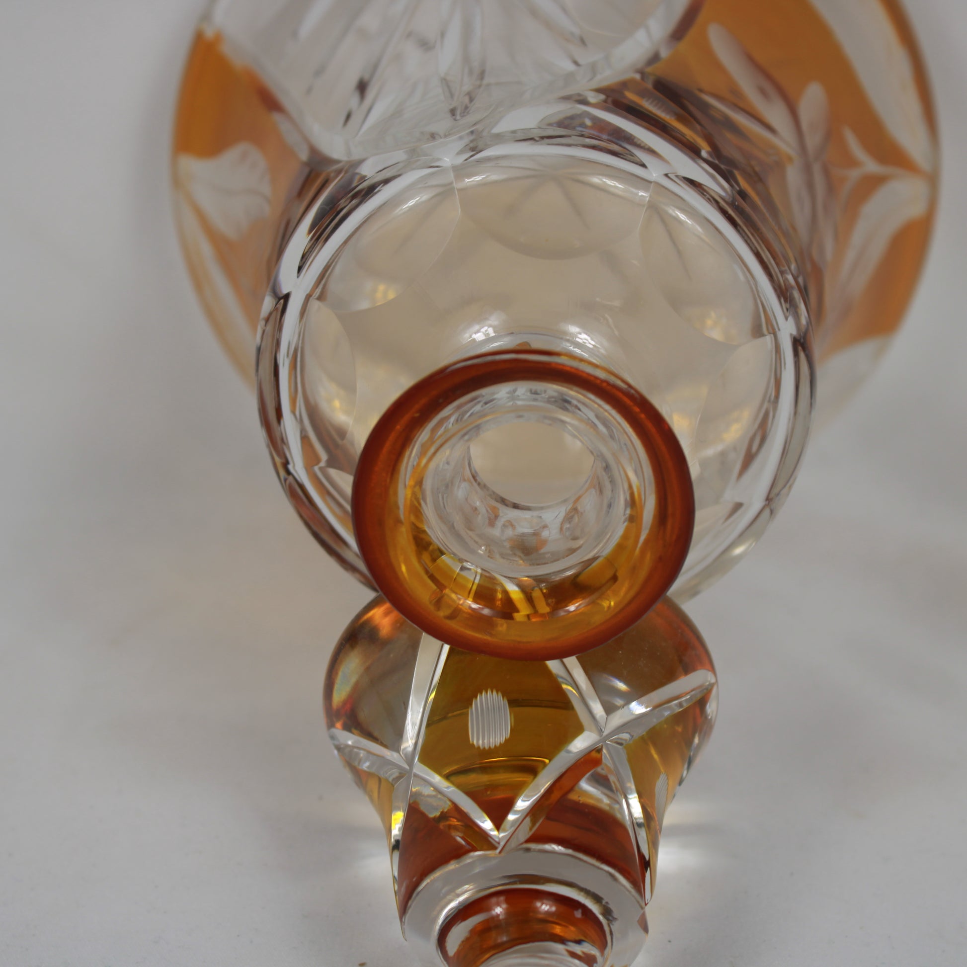 Vintage Amber Cut-to-Clear Crystal Decanter with Etched Floral Detail