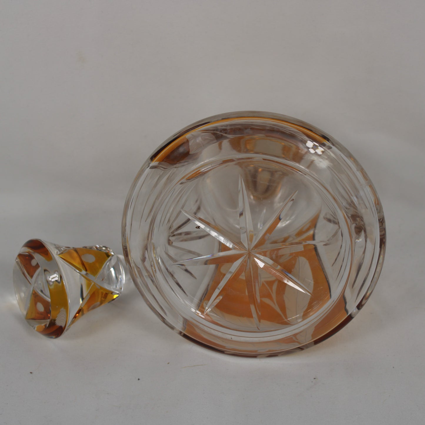 Vintage Amber Cut-to-Clear Crystal Decanter with Etched Floral Detail
