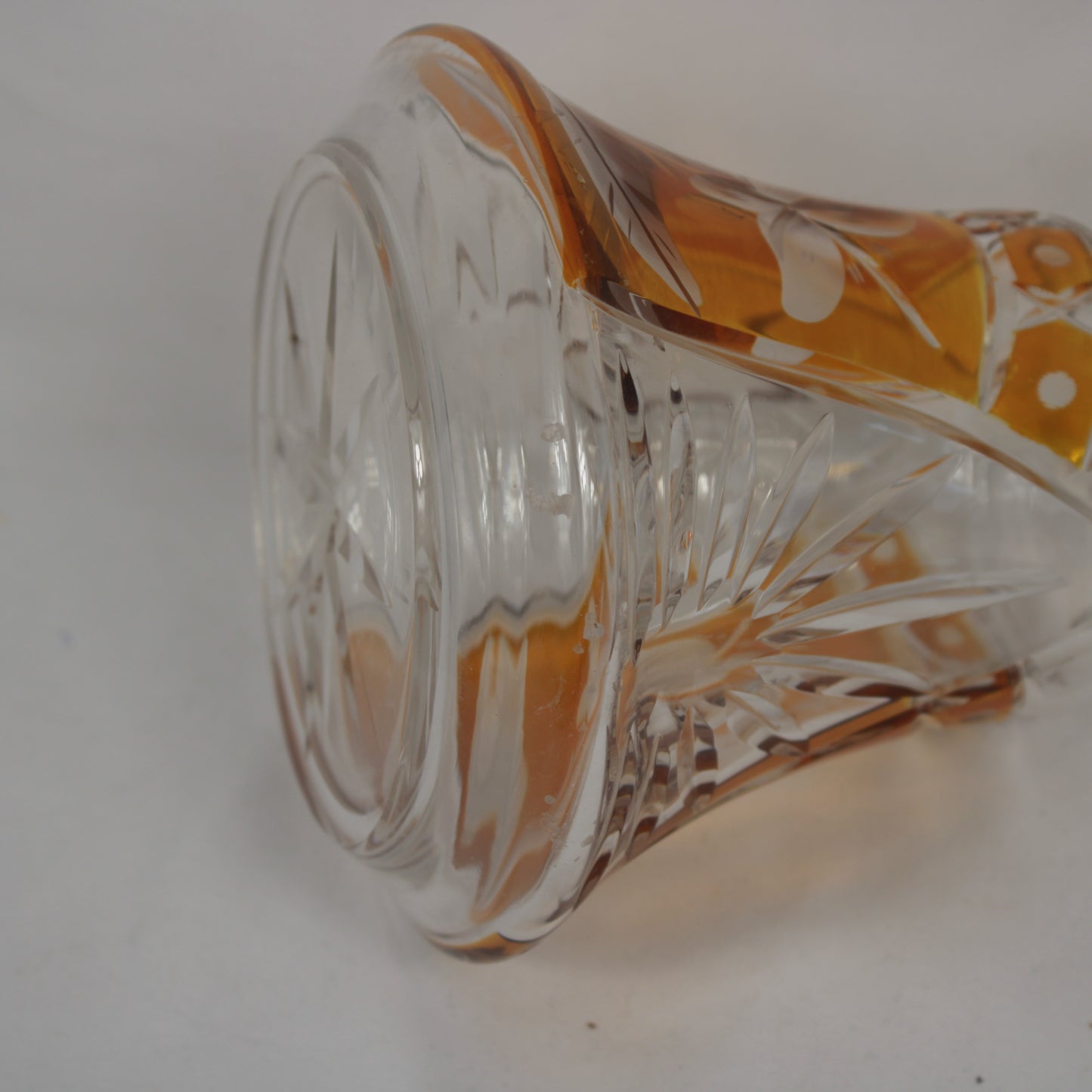 Vintage Amber Cut-to-Clear Crystal Decanter with Etched Floral Detail