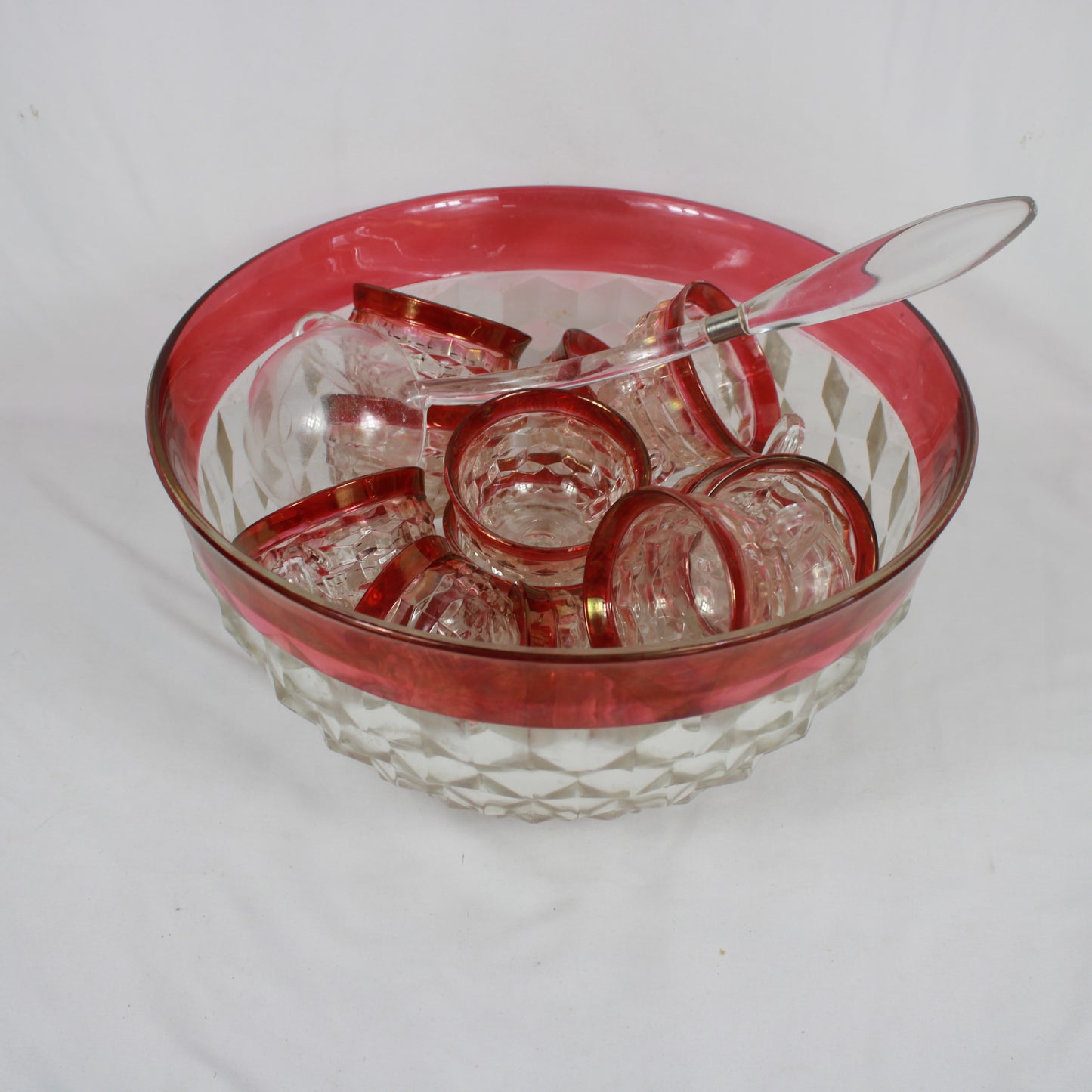Vintage Anchor Hocking King’s Crown Cranberry Flash Glass Punch Bowl Set with 12 Cups and Ladle