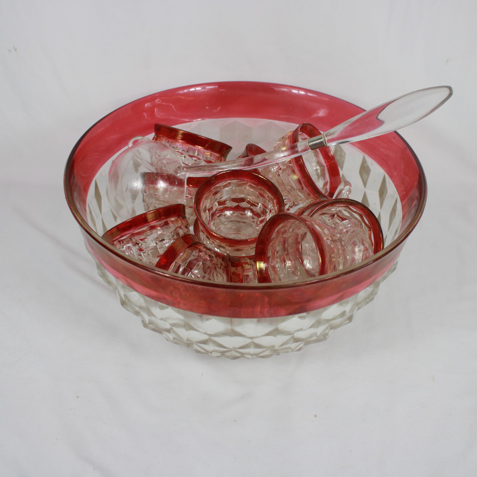 Vintage Anchor Hocking King’s Crown Cranberry Flash Glass Punch Bowl Set with 12 Cups and Ladle