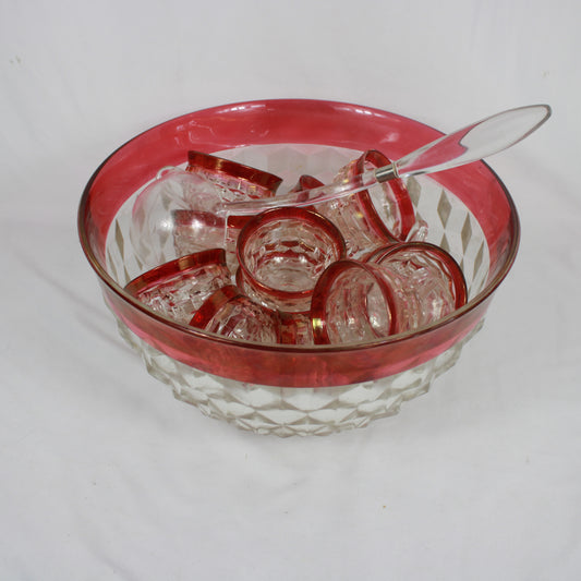 Vintage Anchor Hocking King’s Crown Cranberry Flash Glass Punch Bowl Set with 12 Cups and Ladle
