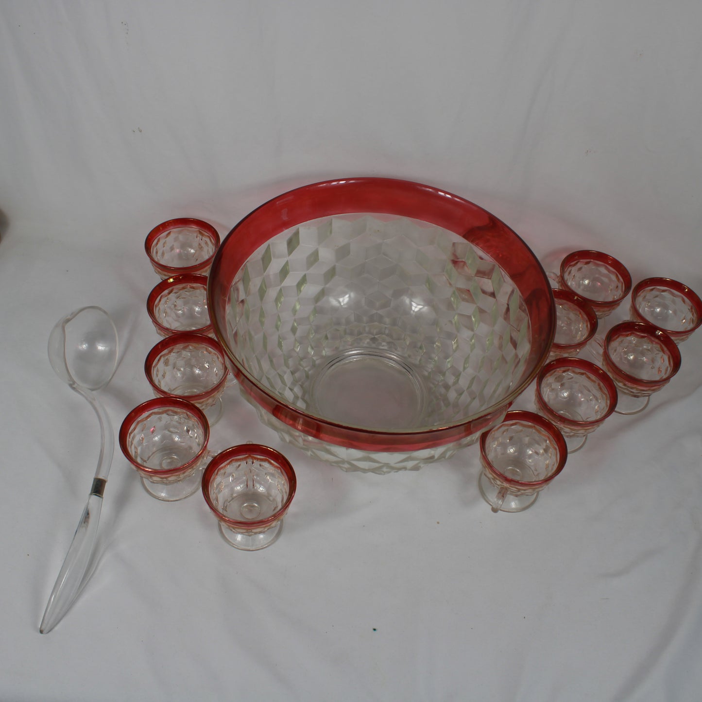 Vintage Anchor Hocking King’s Crown Cranberry Flash Glass Punch Bowl Set with 12 Cups and Ladle