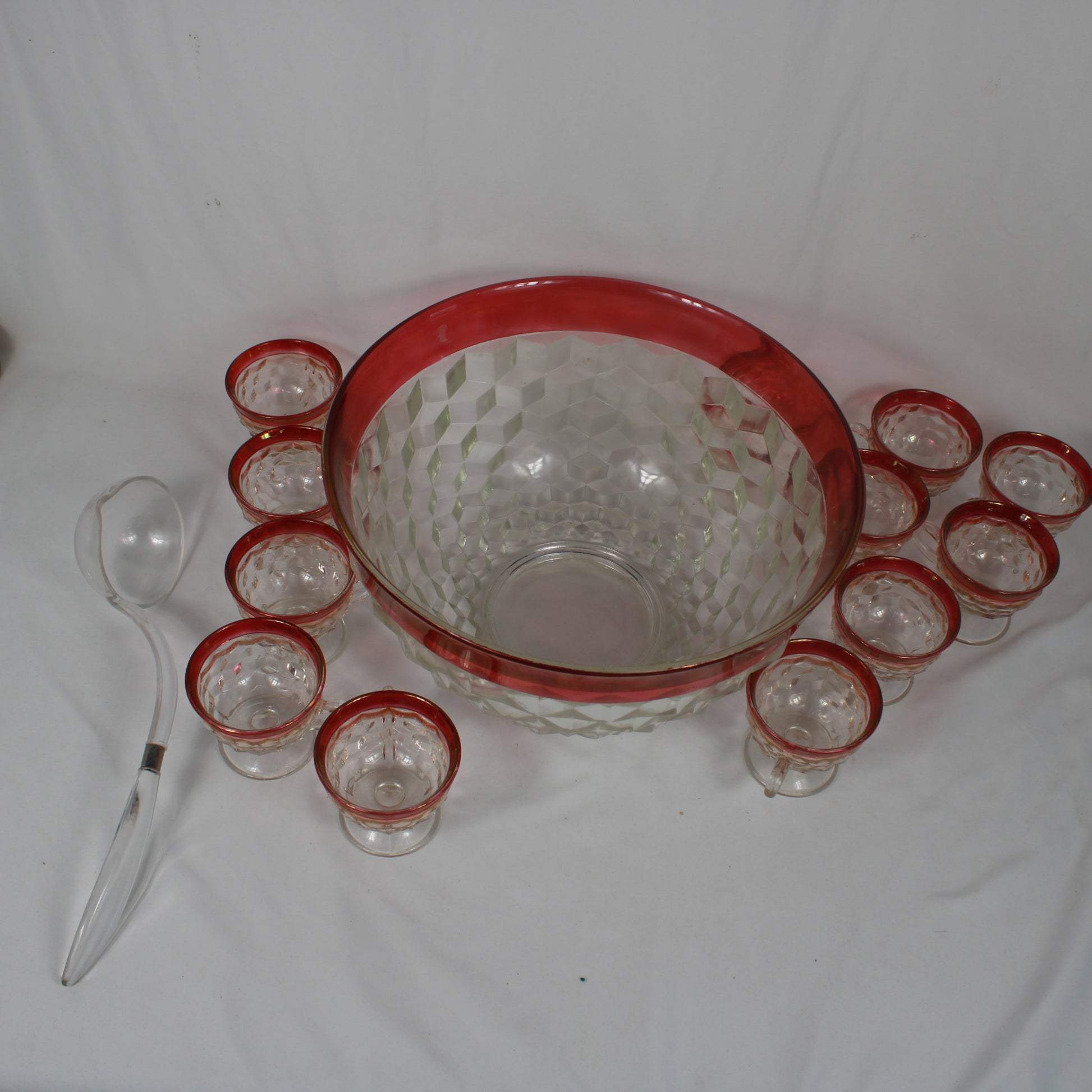 Vintage Anchor Hocking King’s Crown Cranberry Flash Glass Punch Bowl Set with 12 Cups and Ladle