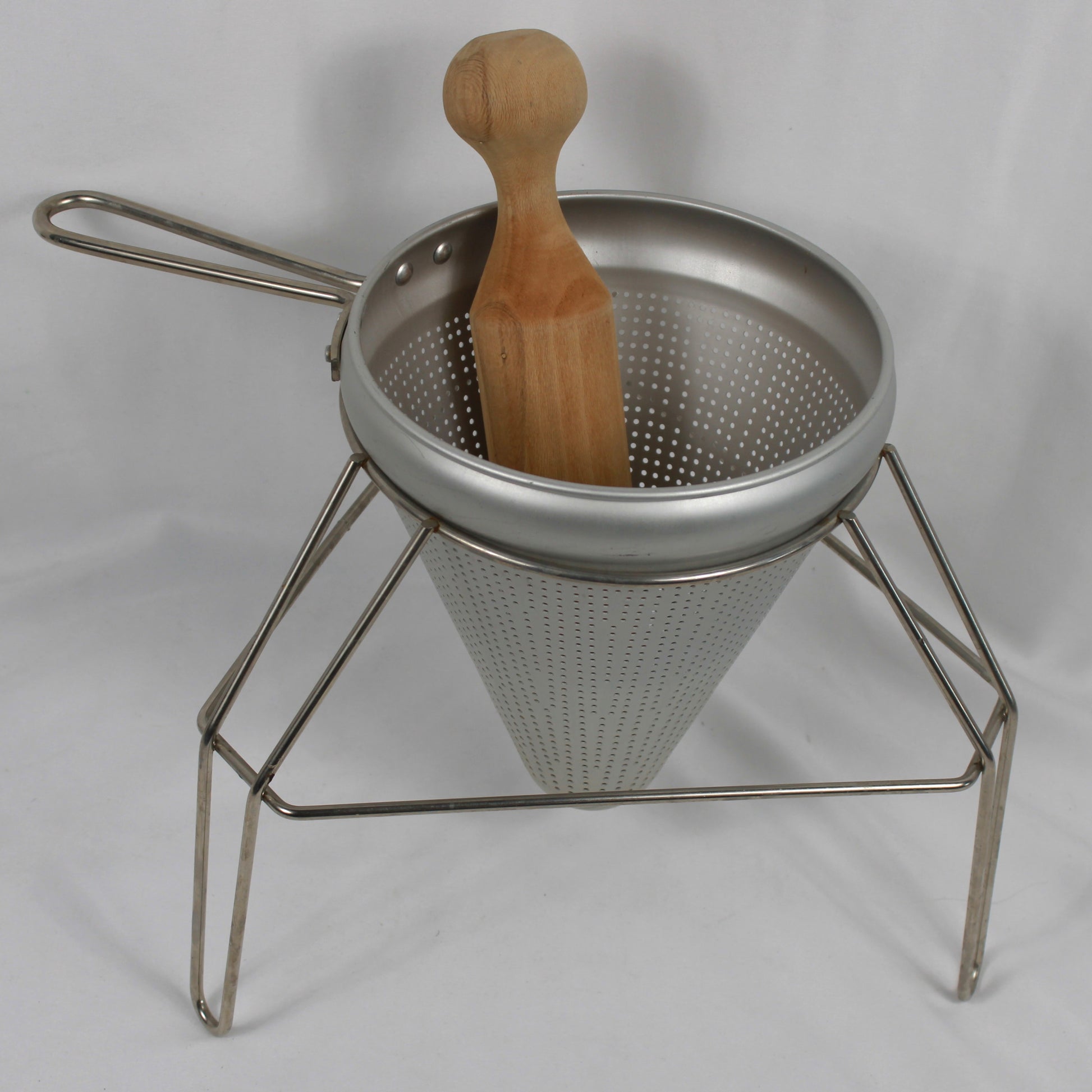 Aluminum Chinois Strainer Set with Chrome Stand and Wooden Pestle