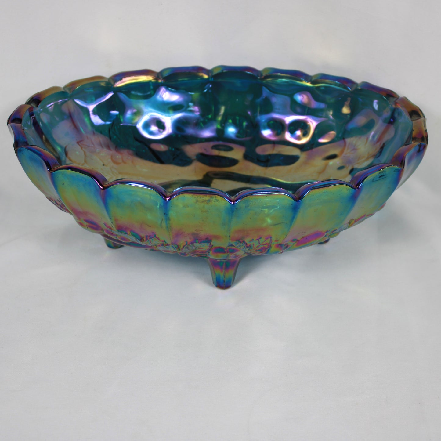 Blue Carnival Glass Oval Footed Fruit Bowl - Heavy Embossed Pattern