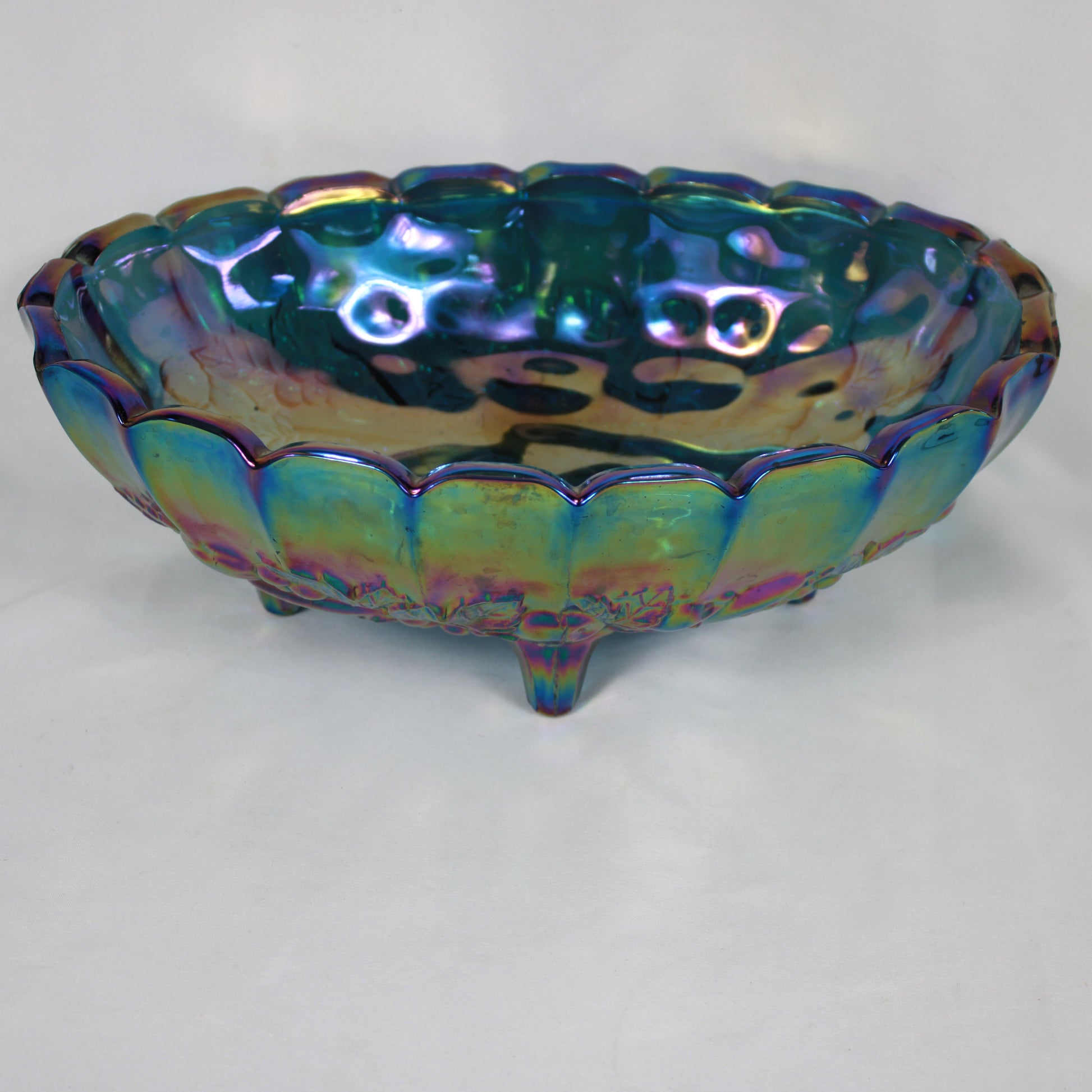 Blue Carnival Glass Oval Footed Fruit Bowl - Heavy Embossed Pattern