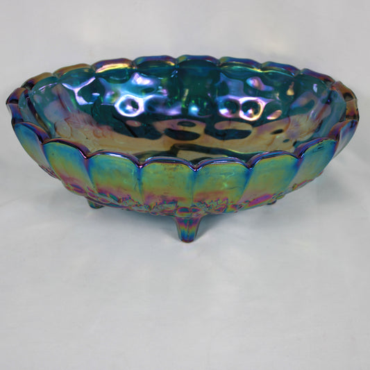 Blue Carnival Glass Oval Footed Fruit Bowl - Heavy Embossed Pattern