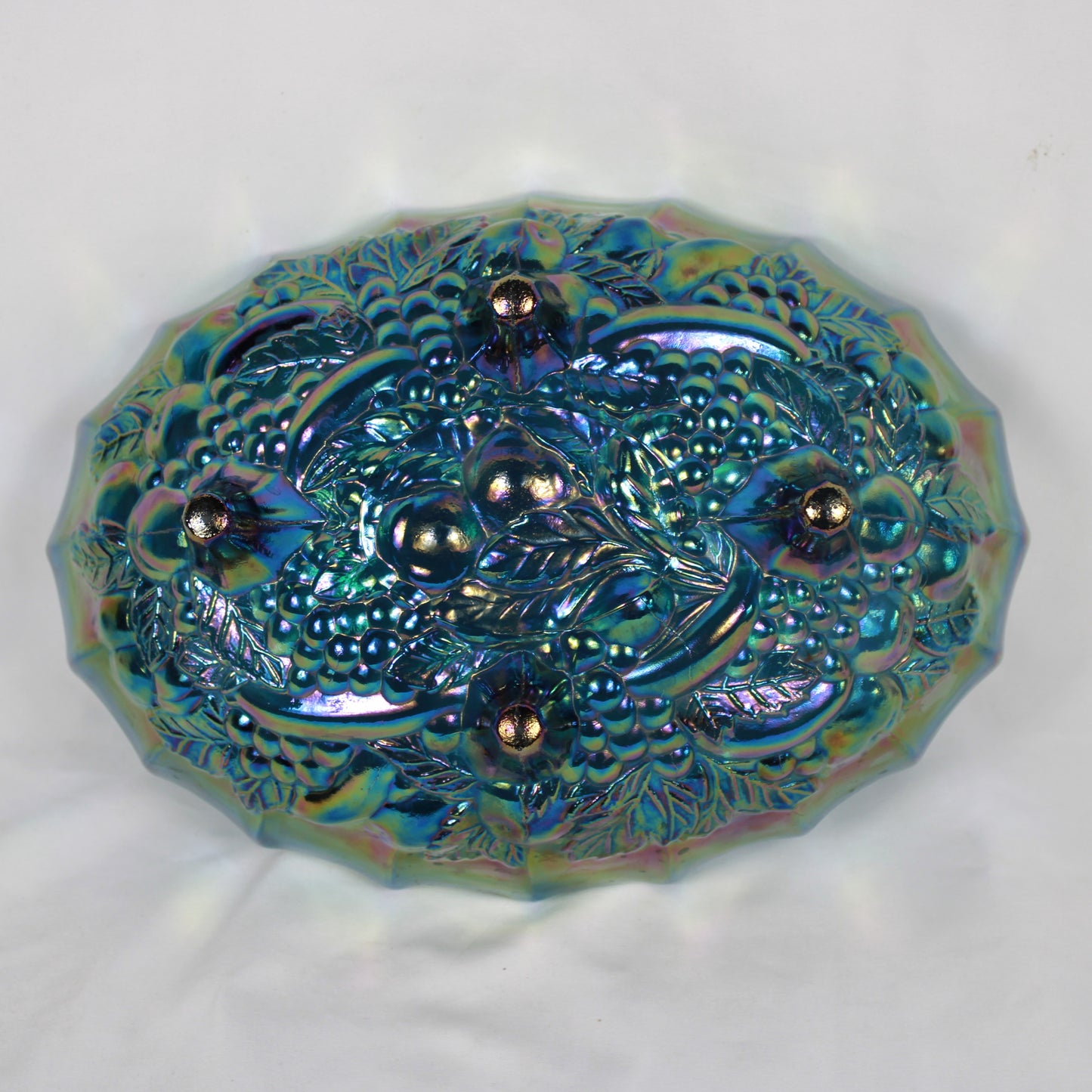 Blue Carnival Glass Oval Footed Fruit Bowl - Heavy Embossed Pattern