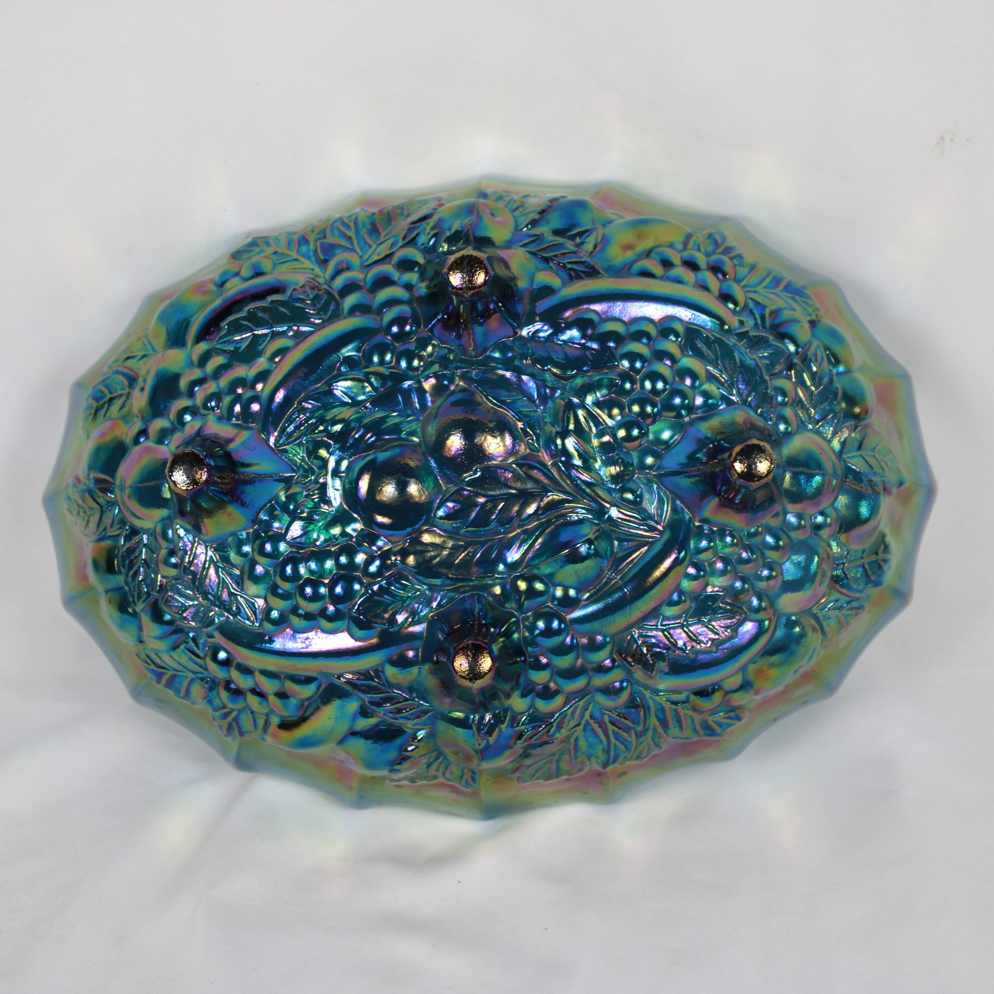 Blue Carnival Glass Oval Footed Fruit Bowl - Heavy Embossed Pattern