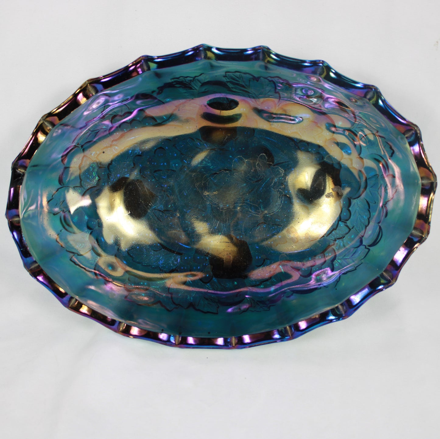 Blue Carnival Glass Oval Footed Fruit Bowl - Heavy Embossed Pattern
