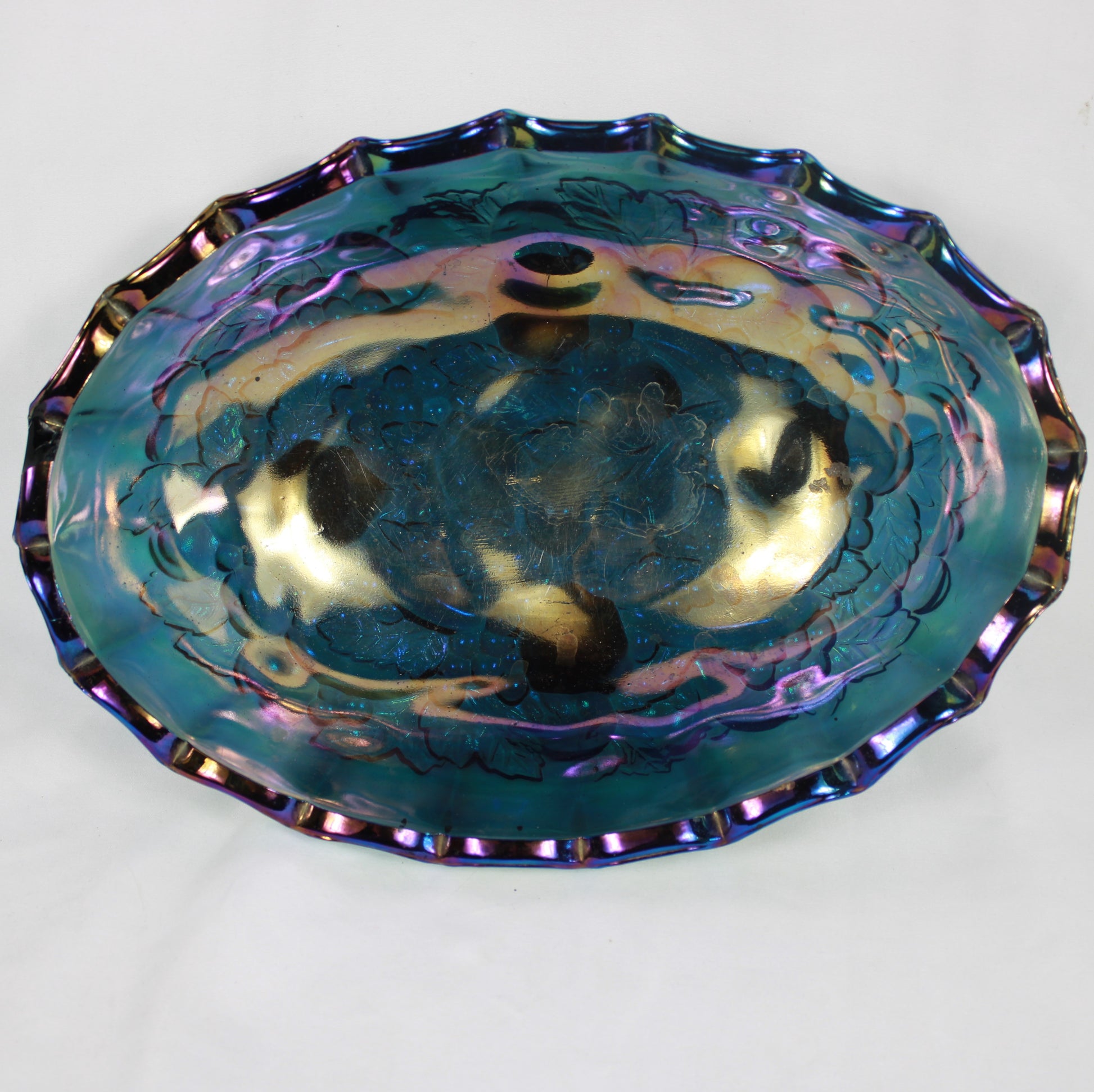 Blue Carnival Glass Oval Footed Fruit Bowl - Heavy Embossed Pattern