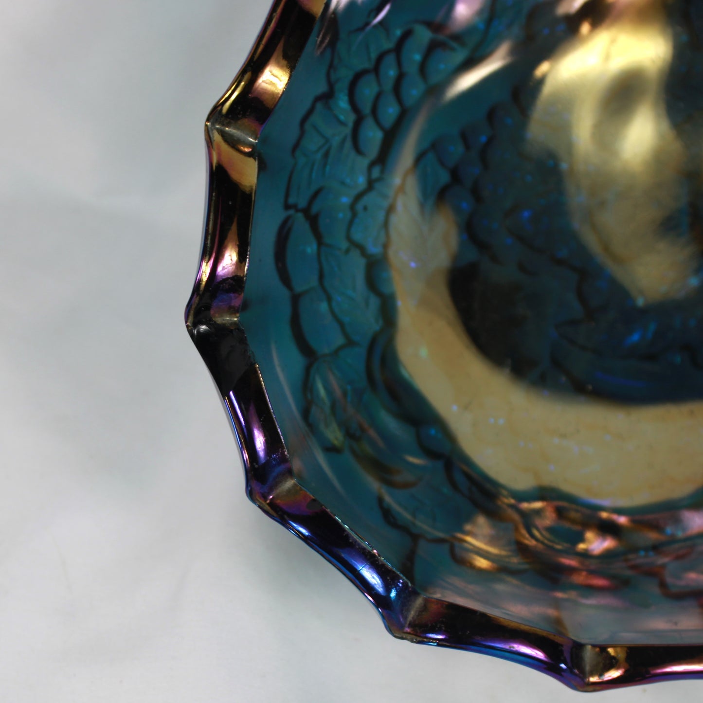 Blue Carnival Glass Oval Footed Fruit Bowl - Heavy Embossed Pattern