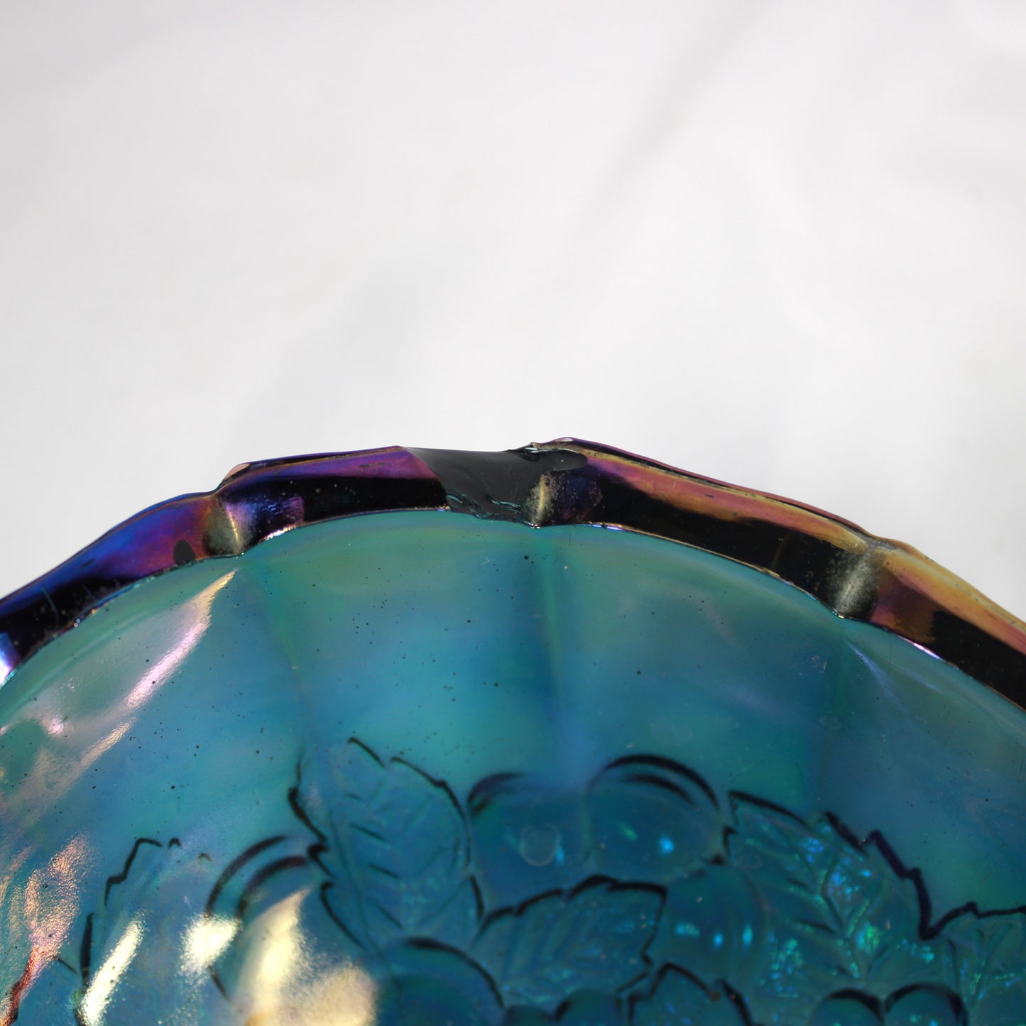Blue Carnival Glass Oval Footed Fruit Bowl - Heavy Embossed Pattern