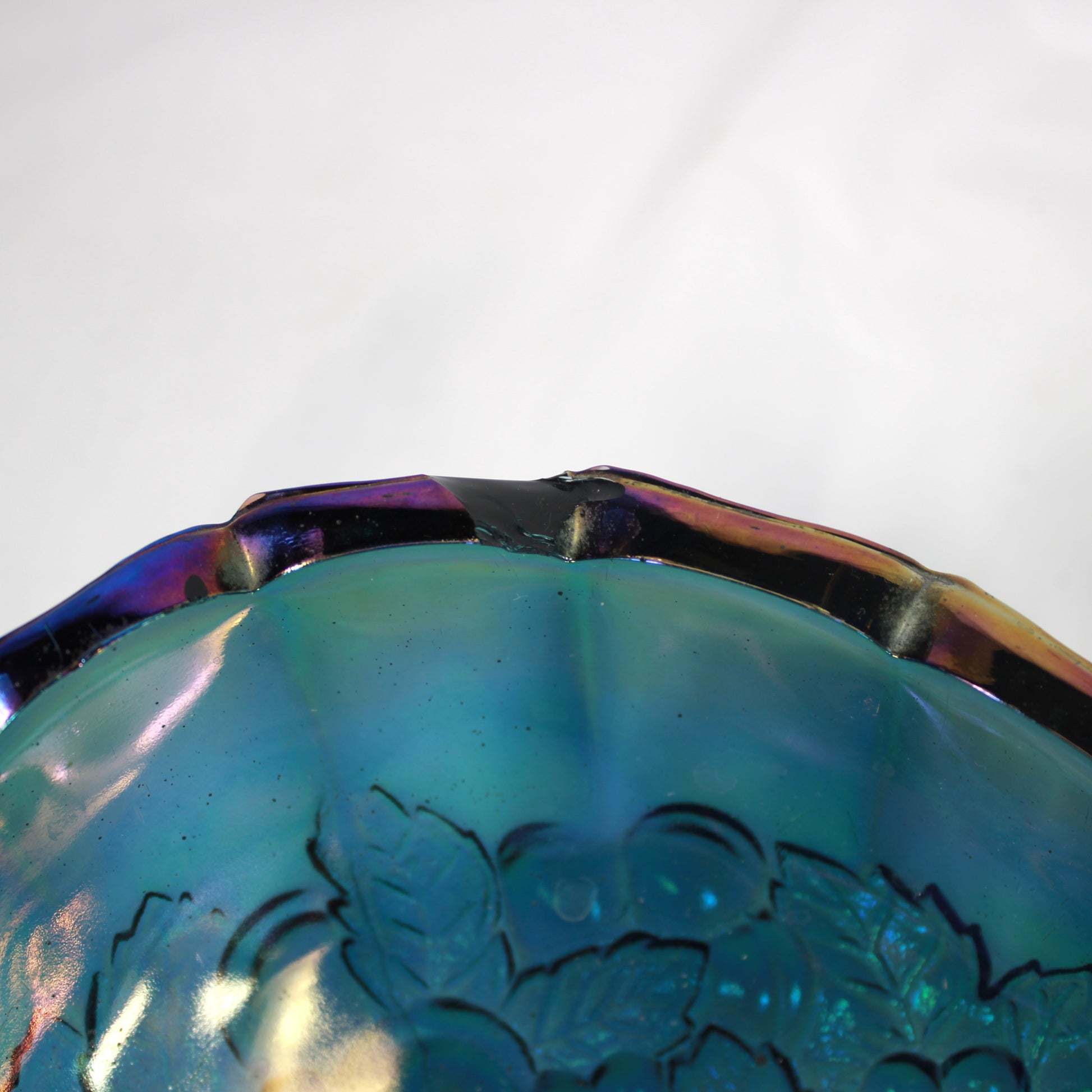 Blue Carnival Glass Oval Footed Fruit Bowl - Heavy Embossed Pattern