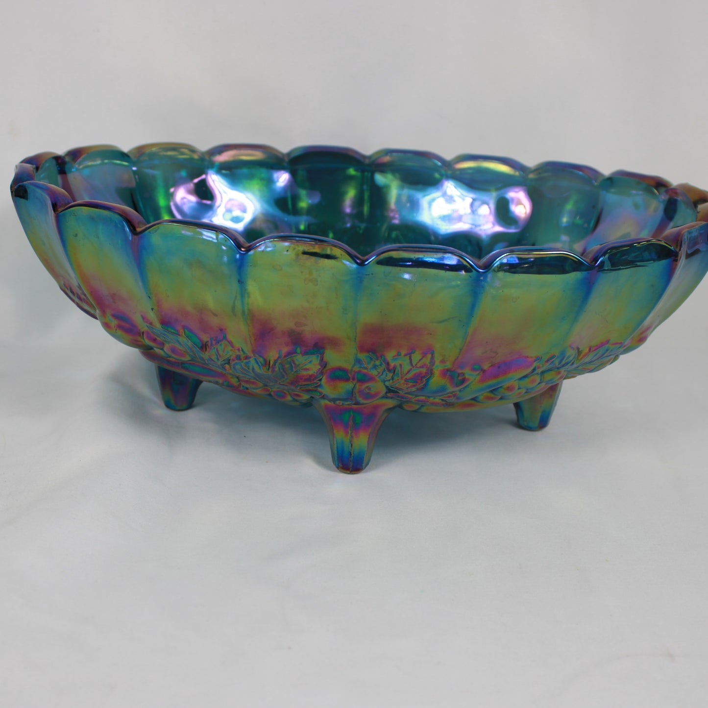 Blue Carnival Glass Oval Footed Fruit Bowl - Heavy Embossed Pattern