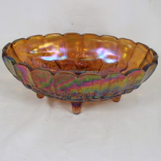 Marigold Carnival Glass Footed Oval Bowl – Heavy Embossed Fruit & Vine Pattern