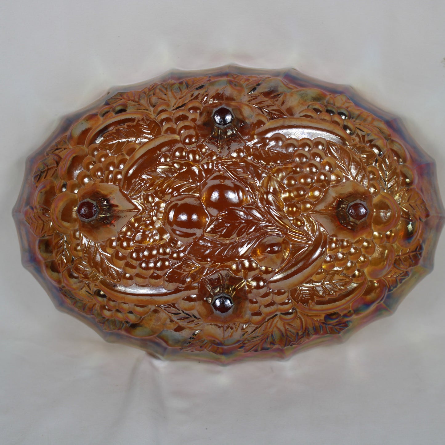 Marigold Carnival Glass Footed Oval Bowl – Heavy Embossed Fruit & Vine Pattern