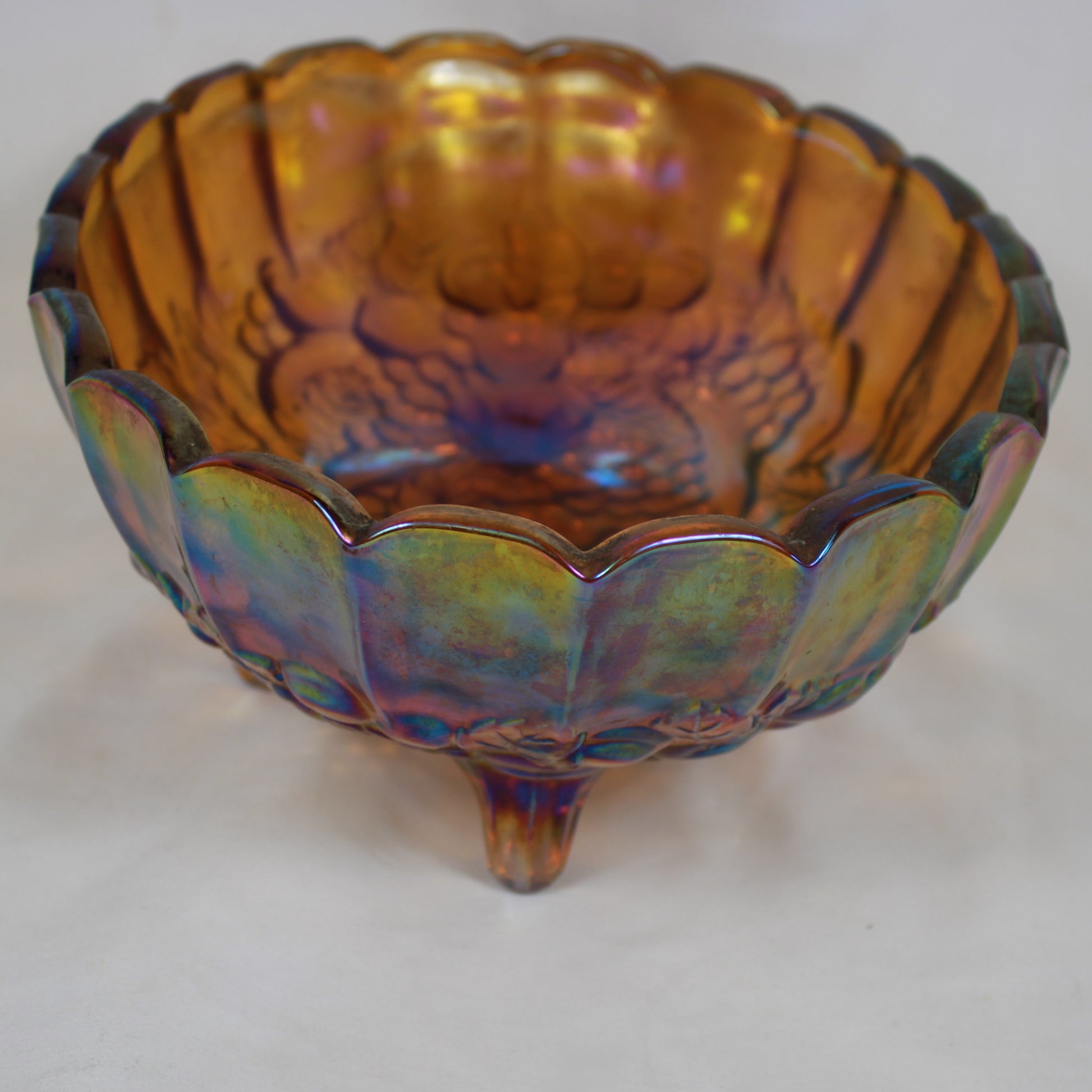 Marigold Carnival Glass Footed Oval Bowl – Heavy Embossed Fruit & Vine Pattern