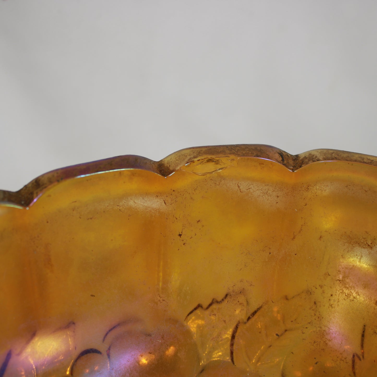 Marigold Carnival Glass Footed Oval Bowl – Heavy Embossed Fruit & Vine Pattern