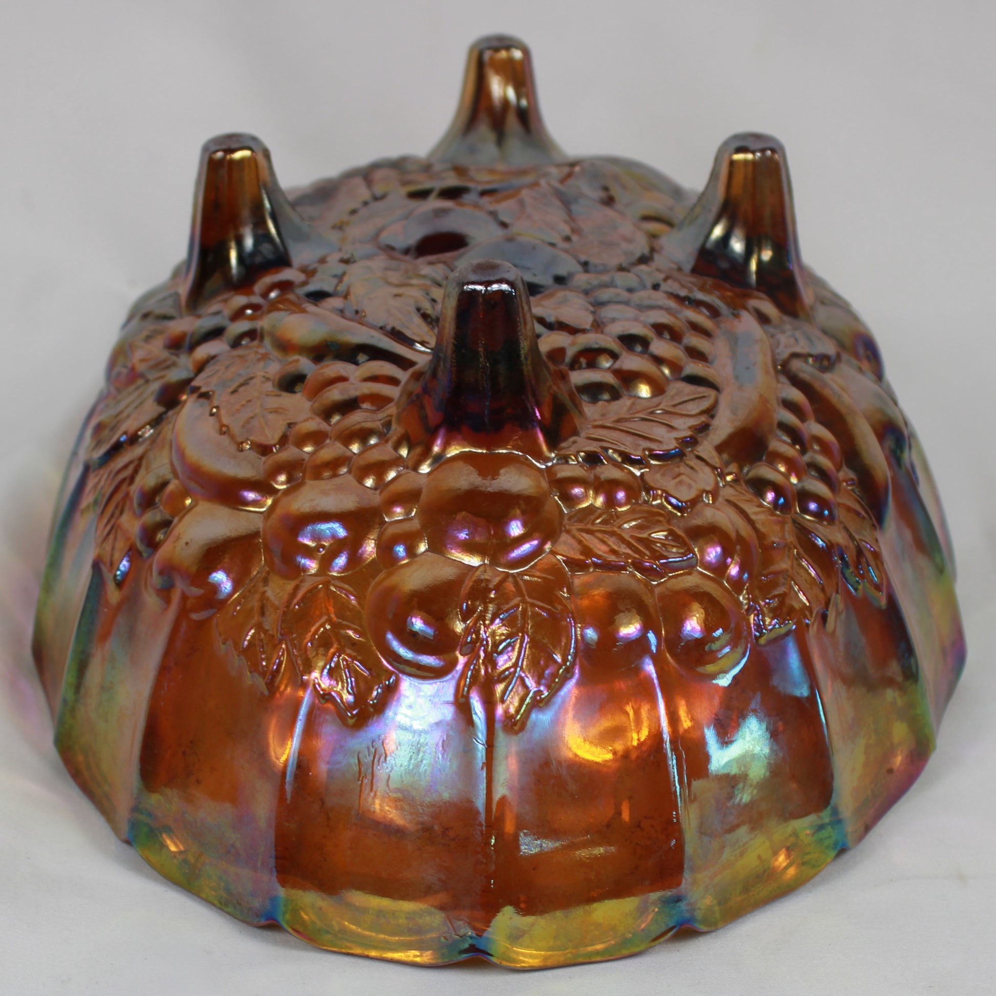 Marigold Carnival Glass Footed Oval Bowl – Heavy Embossed Fruit & Vine Pattern