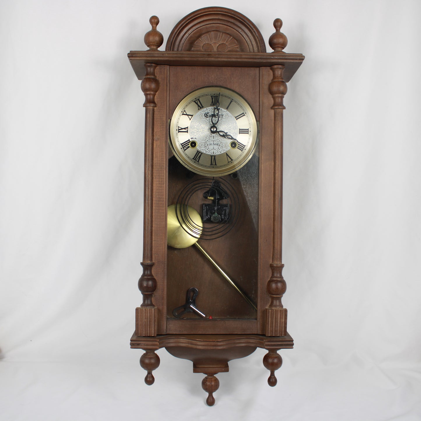 Chalet 31-Day Wooden Wall Clock, Pendulum Chime Clock with Winding Key