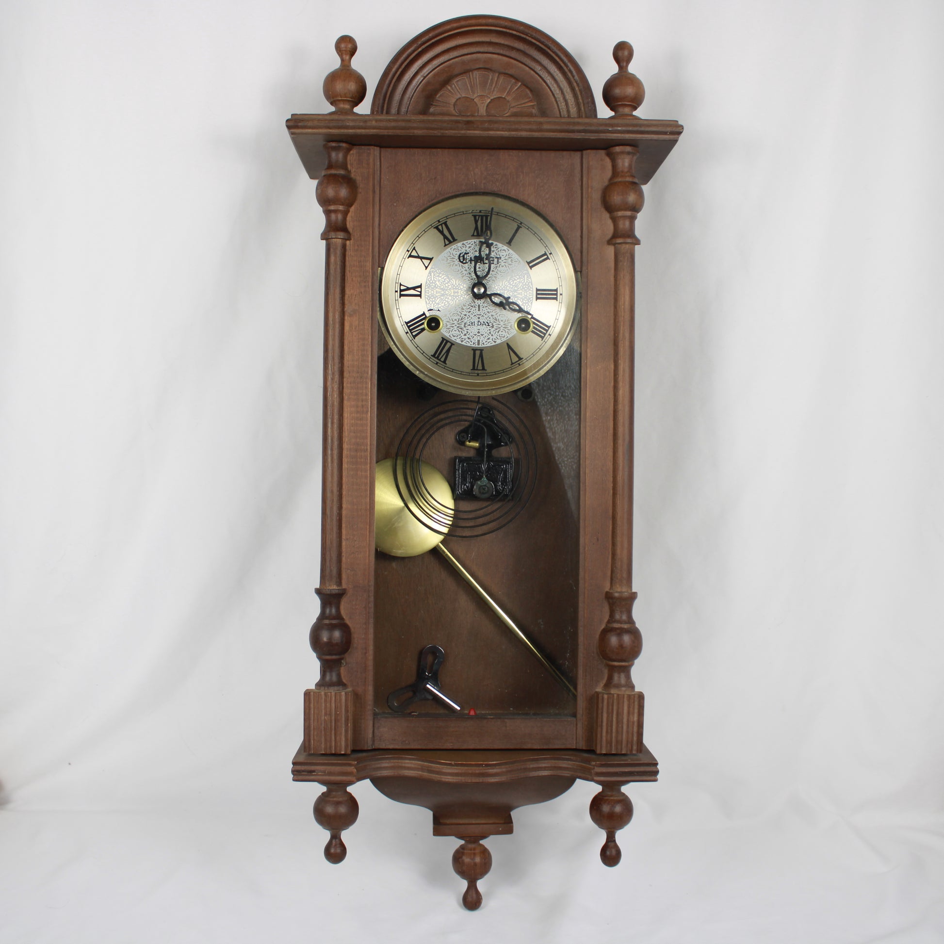 Chalet 31-Day Wooden Wall Clock, Pendulum Chime Clock with Winding Key