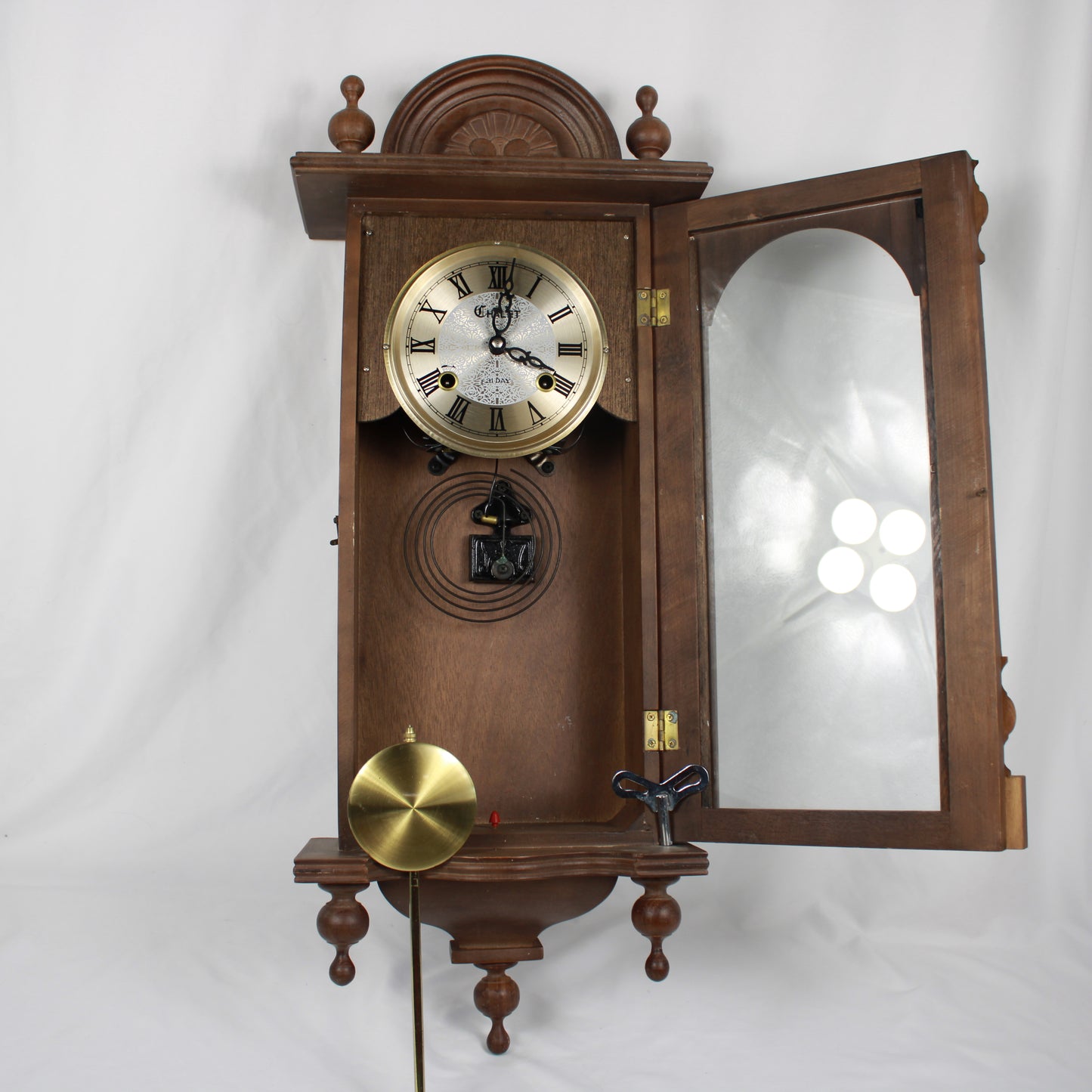 Chalet 31-Day Wooden Wall Clock, Pendulum Chime Clock with Winding Key