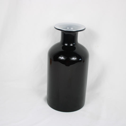 Hand-Blown Black Glass Vase, White Cased Lip Accent, Signed Roefs