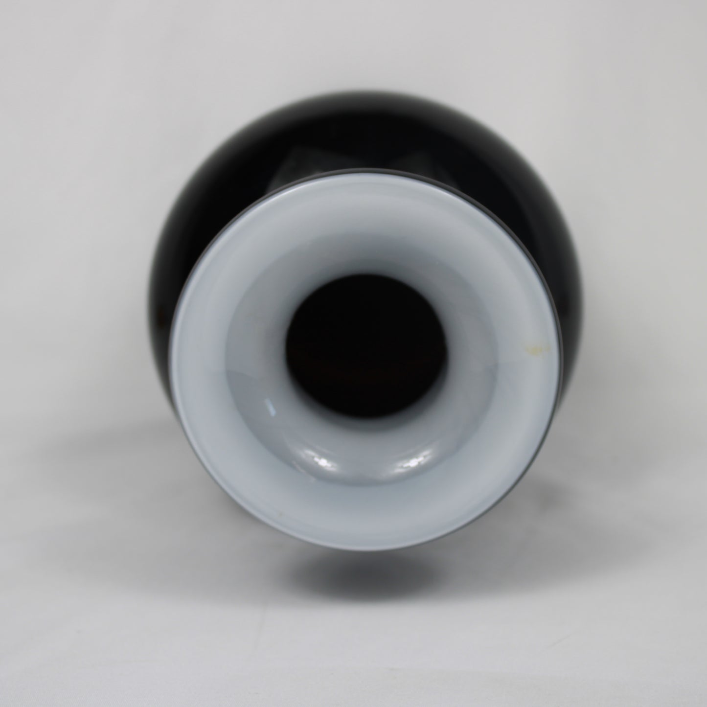 Hand-Blown Black Glass Vase, White Cased Lip Accent, Signed Roefs