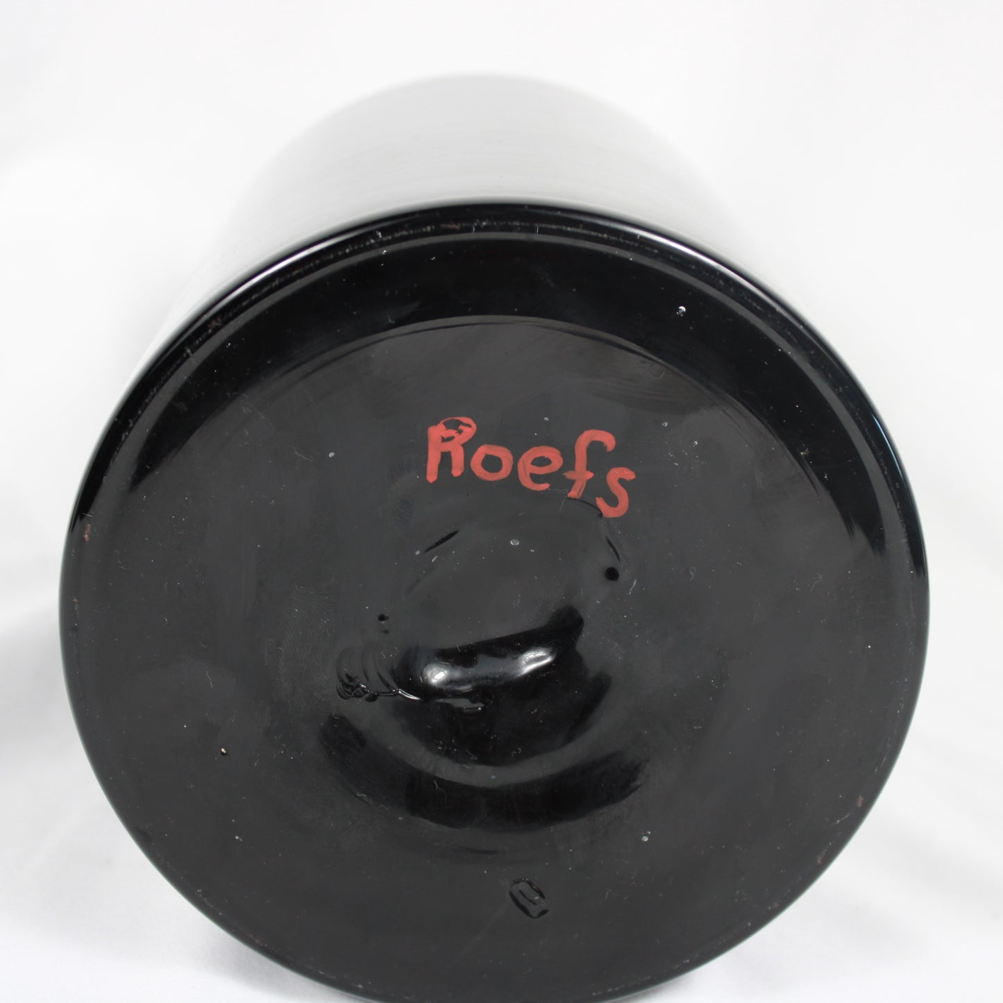 Hand-Blown Black Glass Vase, White Cased Lip Accent, Signed Roefs