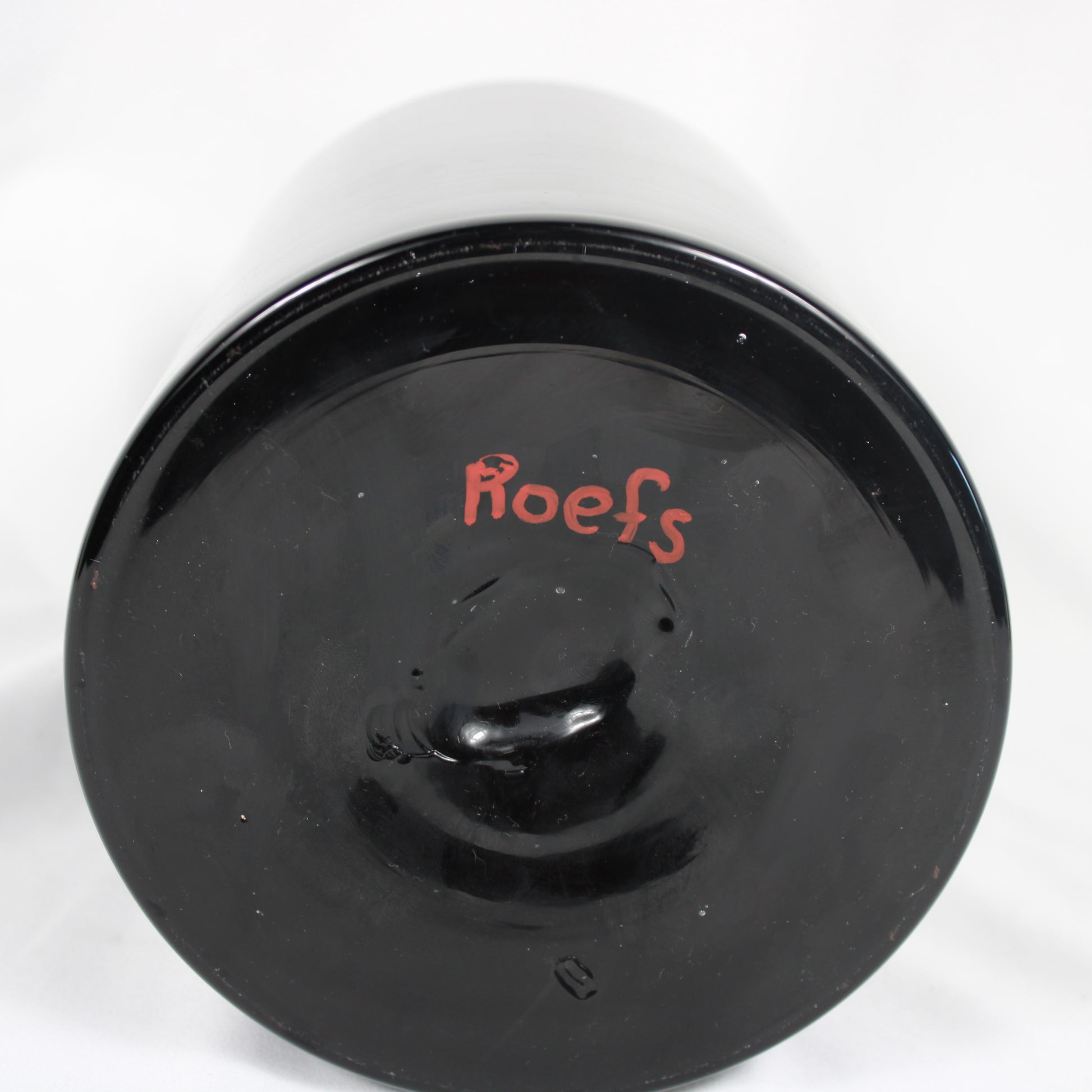 Hand-Blown Black Glass Vase, White Cased Lip Accent, Signed Roefs