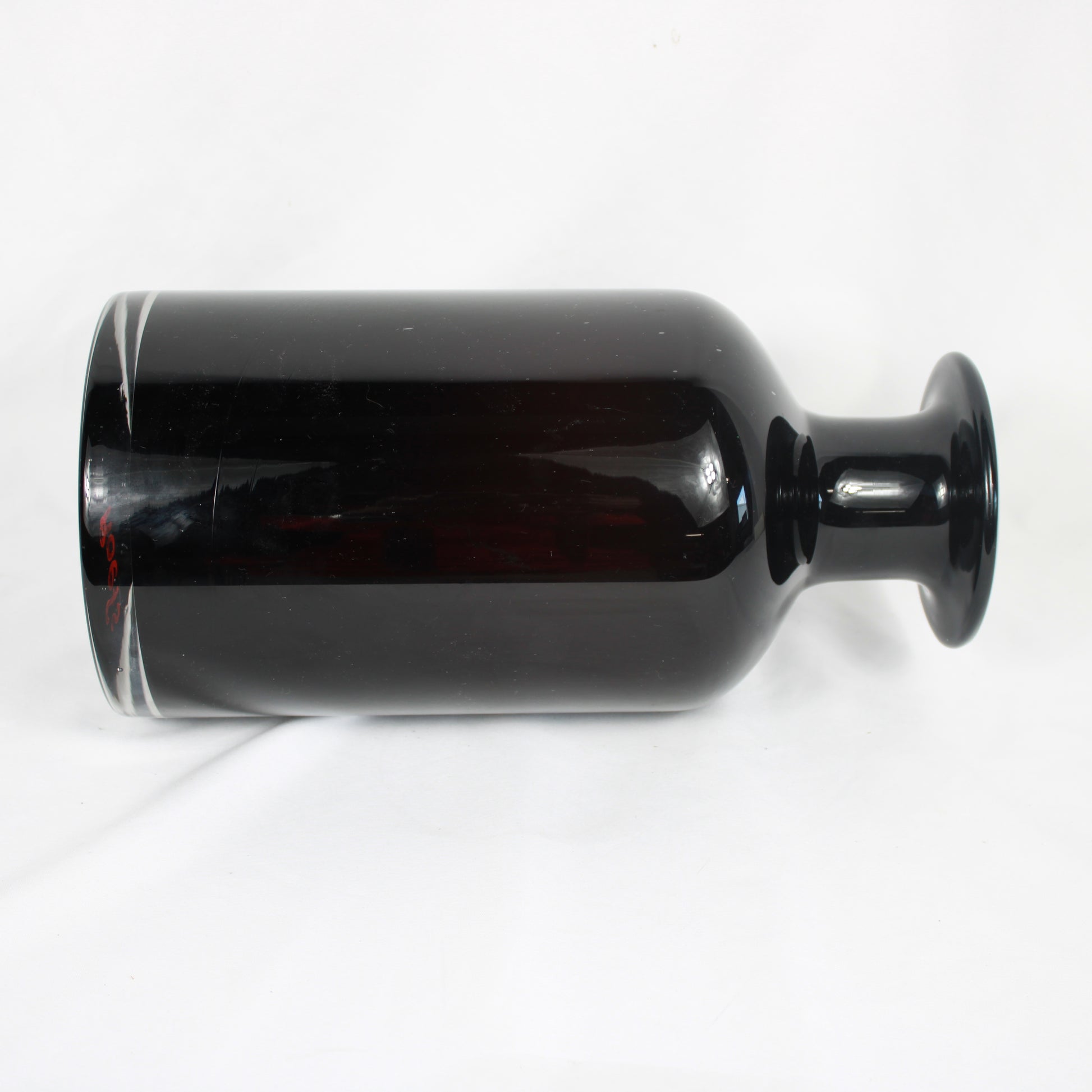 Hand-Blown Black Glass Vase, White Cased Lip Accent, Signed Roefs