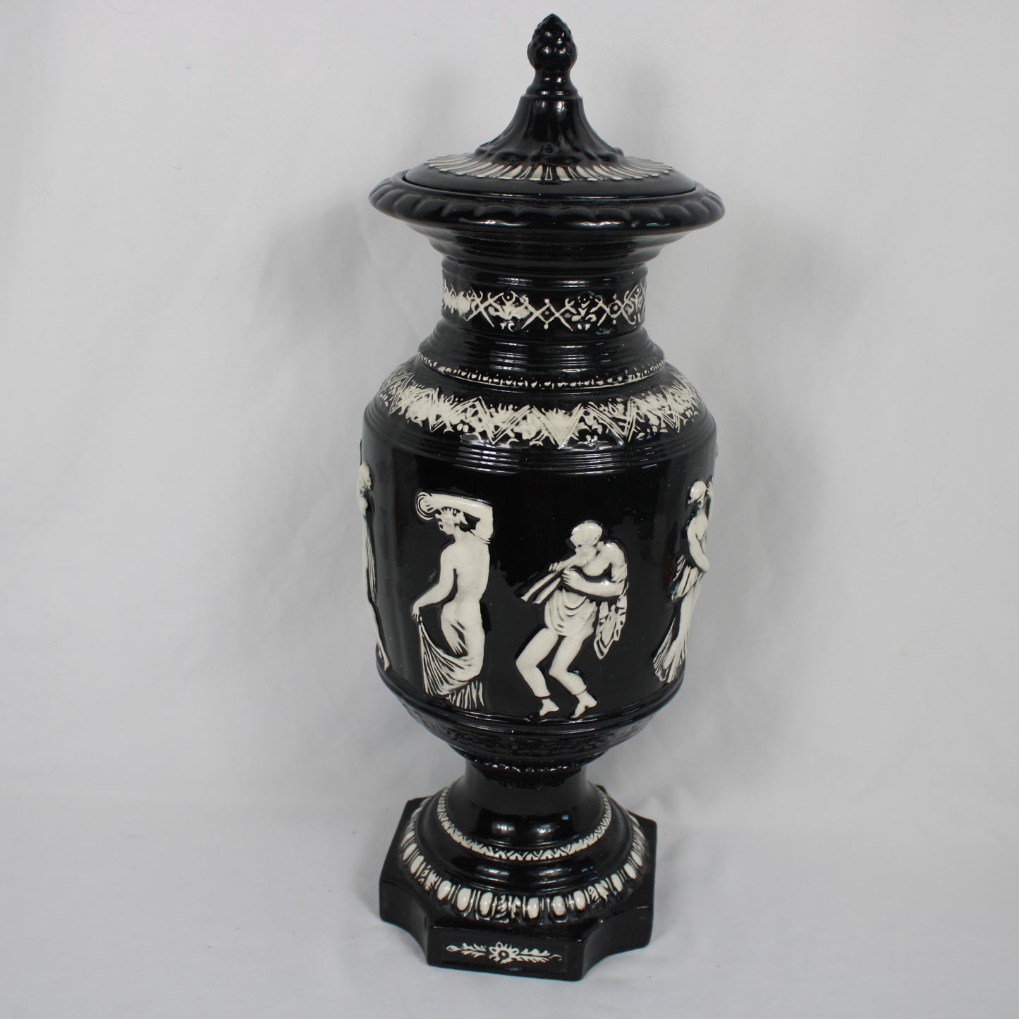 Arnel's Ceramic Lidded Urn, Black Glaze Classical Greco-Roman Relief