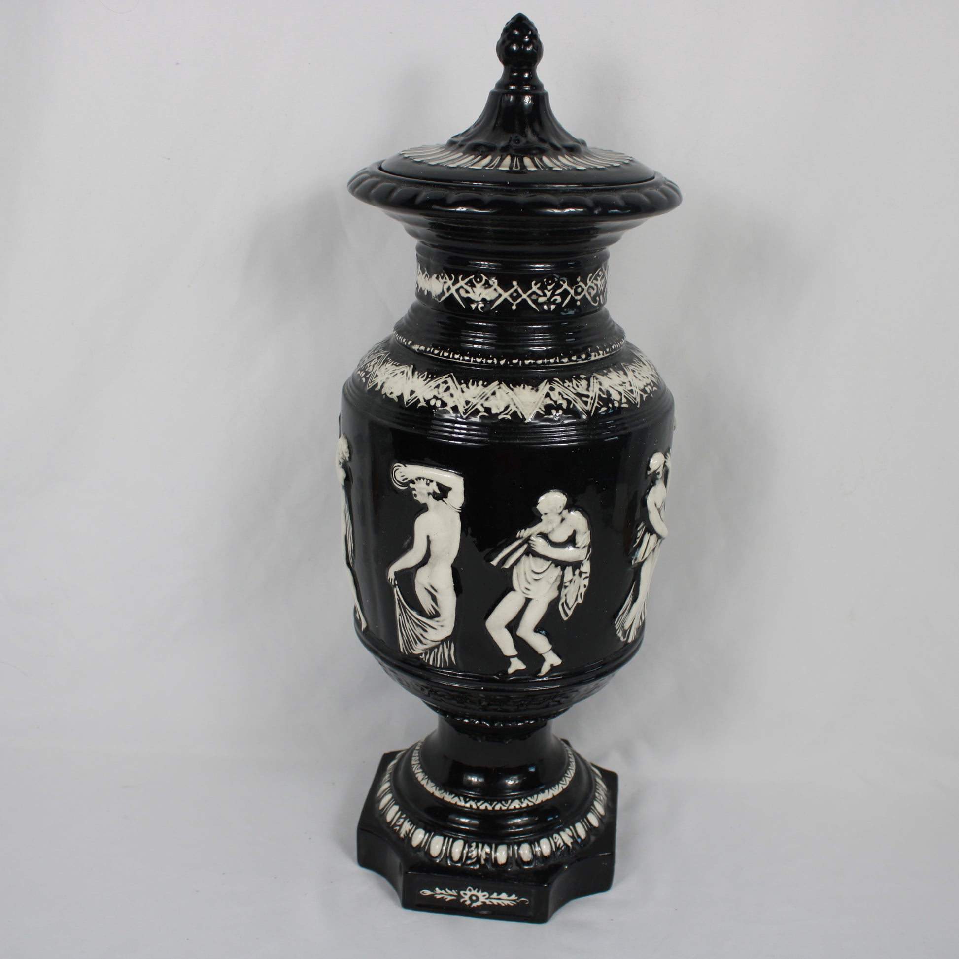 Arnel's Ceramic Lidded Urn, Black Glaze Classical Greco-Roman Relief