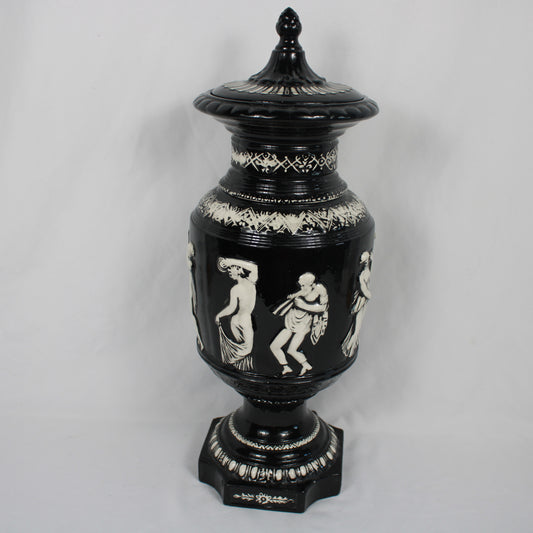 Arnel's Ceramic Lidded Urn, Black Glaze Classical Greco-Roman Relief