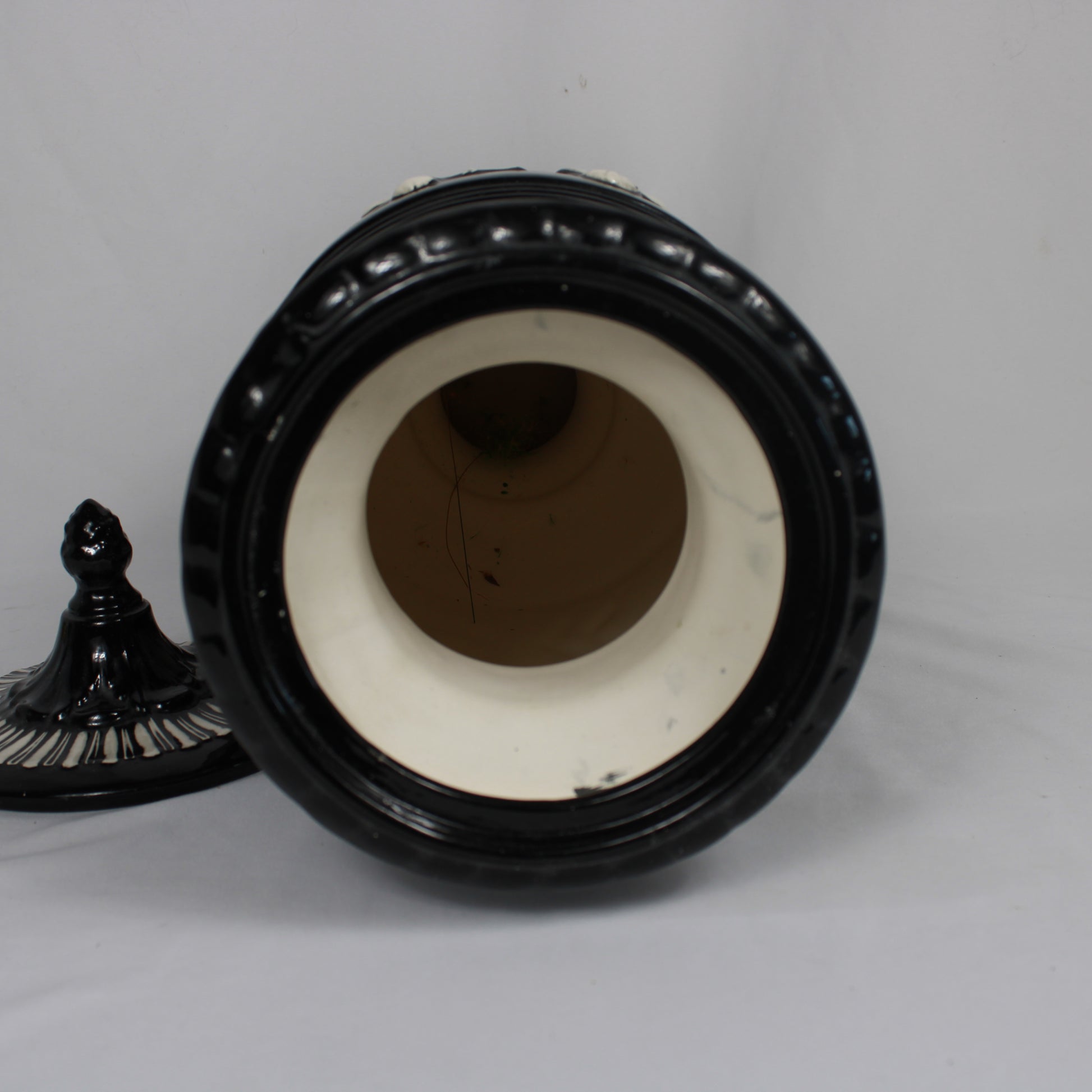 Arnel's Ceramic Lidded Urn, Black Glaze Classical Greco-Roman Relief