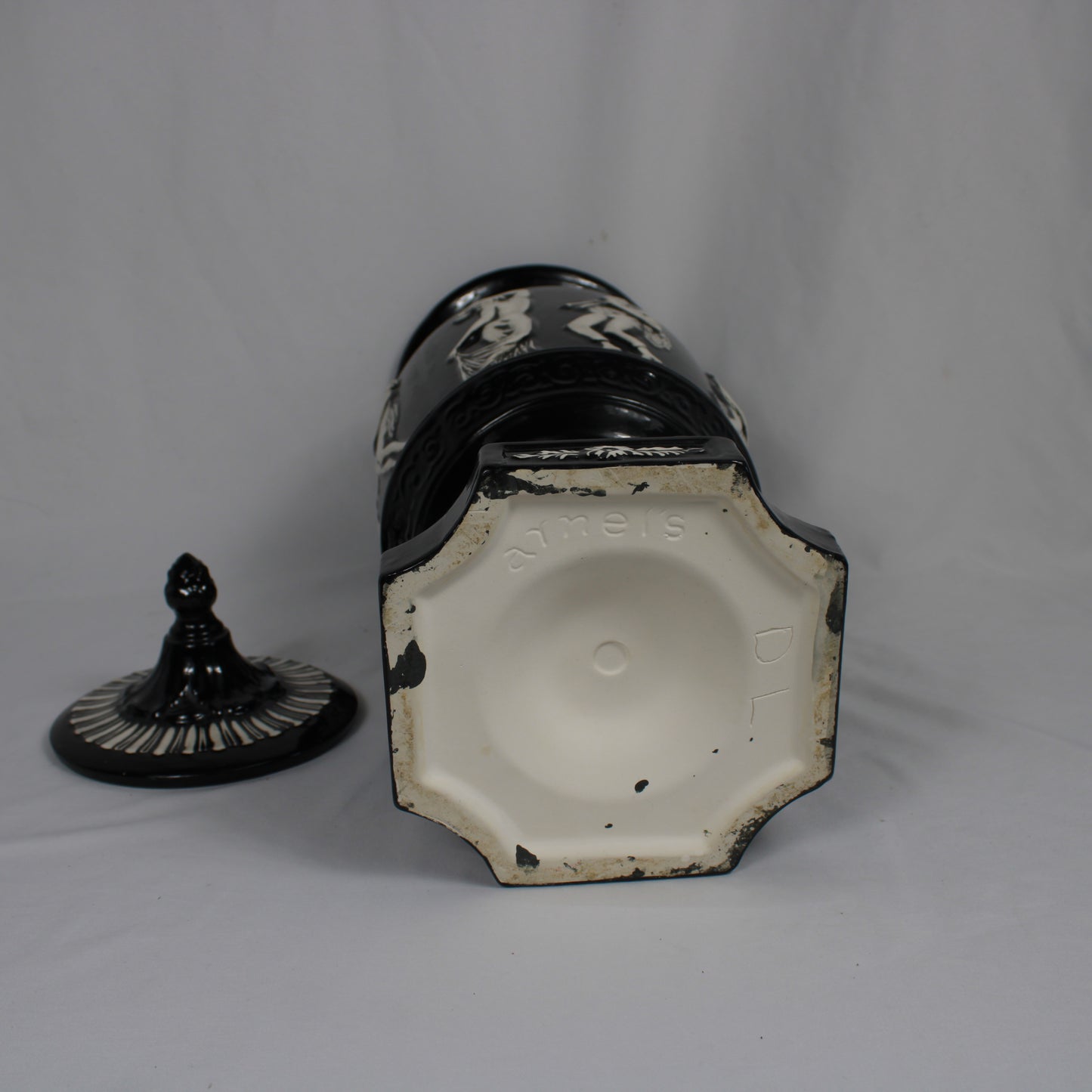 Arnel's Ceramic Lidded Urn, Black Glaze Classical Greco-Roman Relief