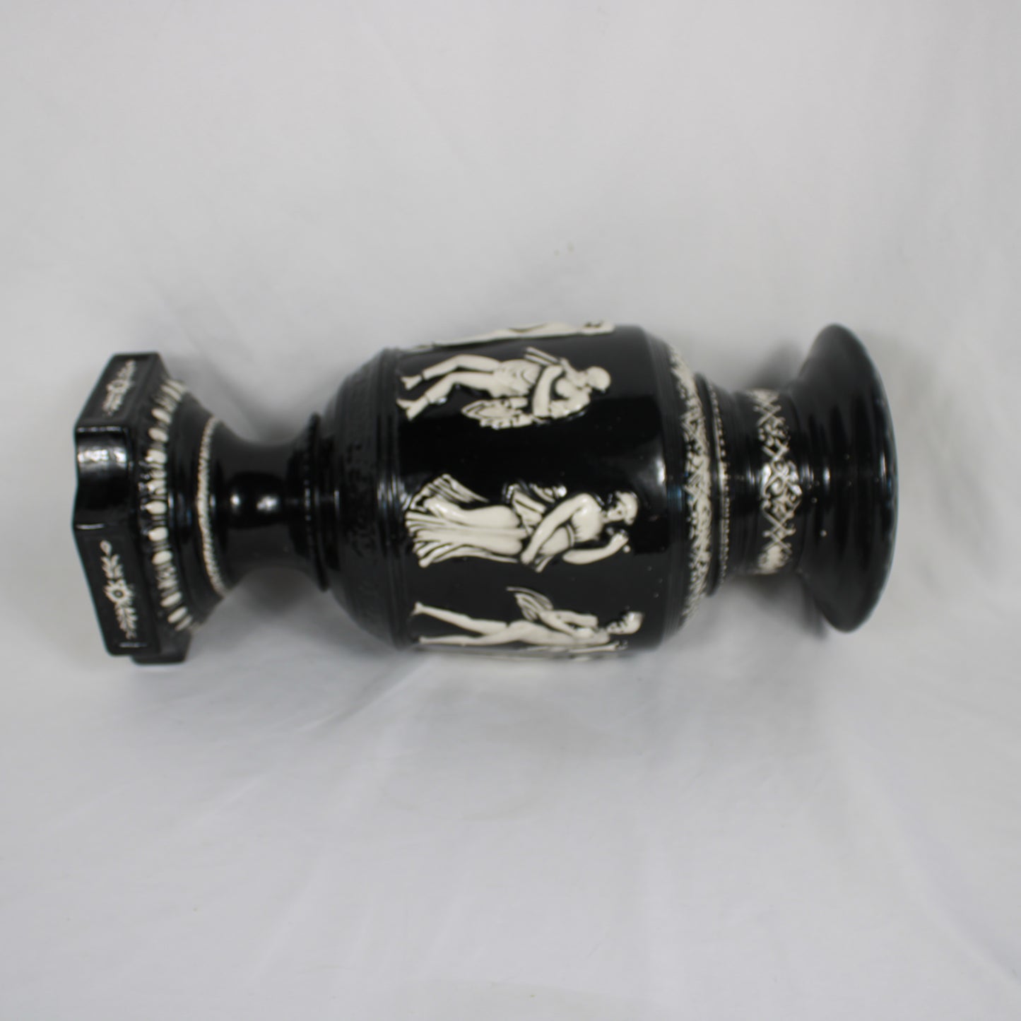 Arnel's Ceramic Lidded Urn, Black Glaze Classical Greco-Roman Relief